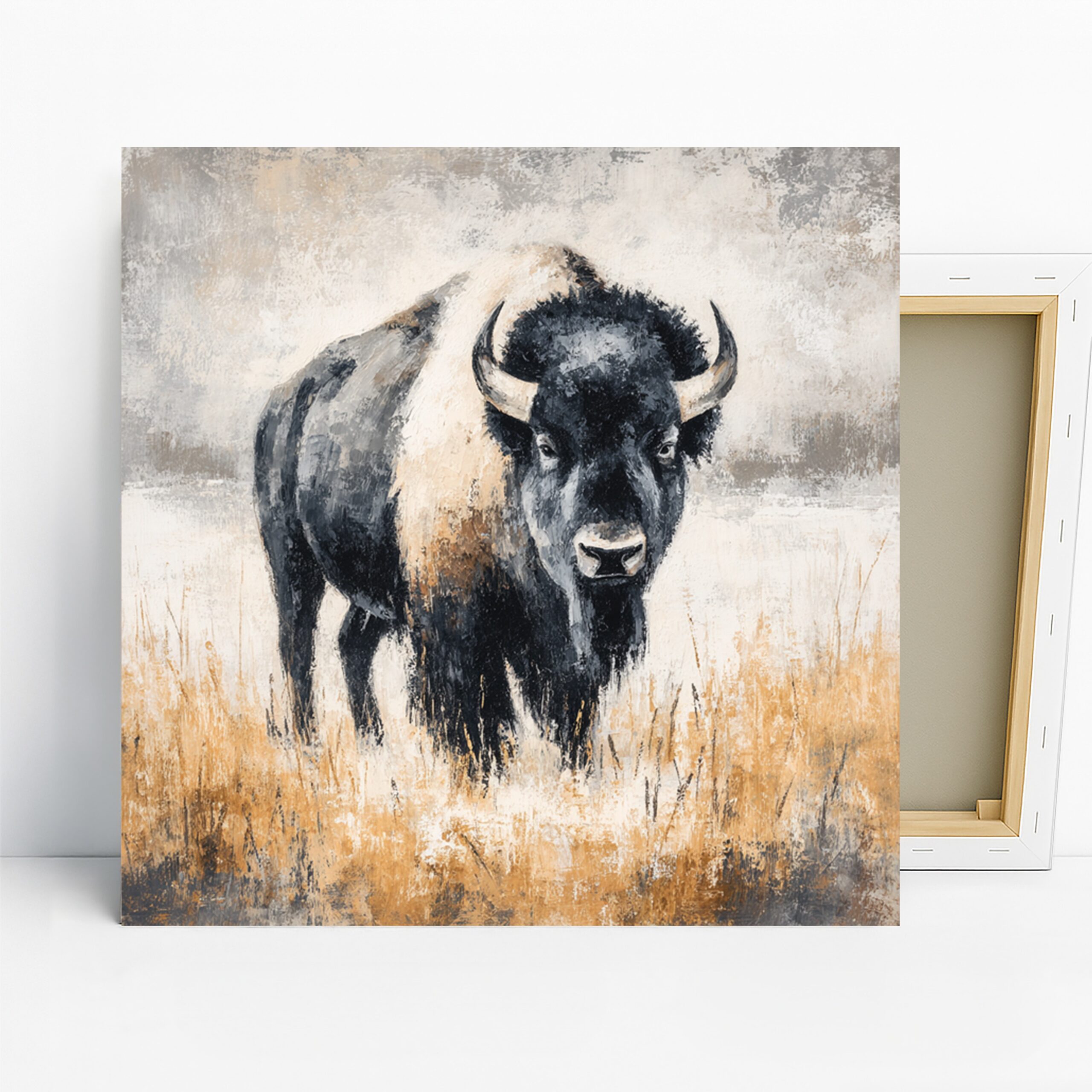 Bison Art, Canvas or Poster, Contemporary Rustic Farmhouse Decor, Living Room Office Bedroom Wall Art, Black White Brown Beige