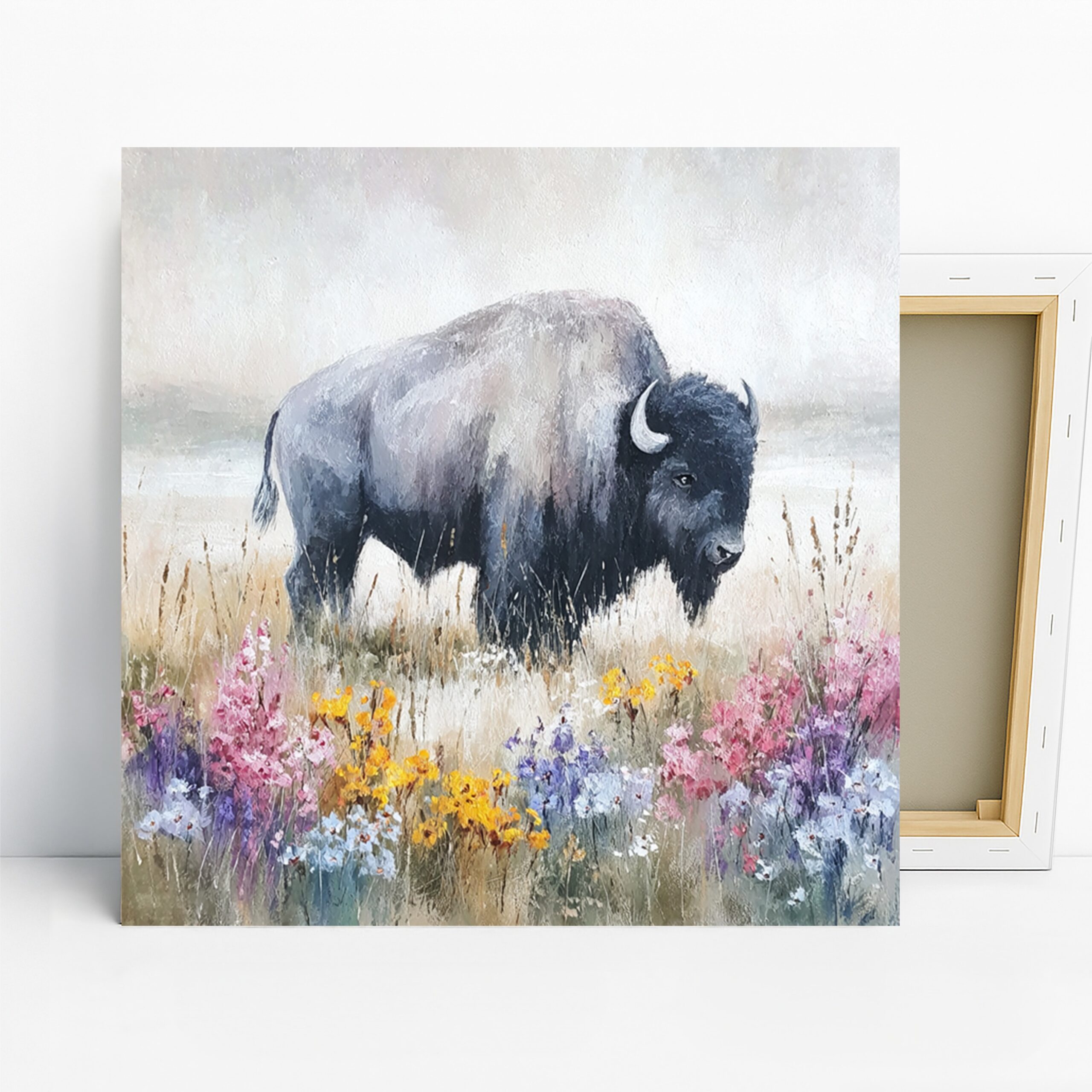 Bison Wildflower Art, Canvas or Poster, Nature Contemporary Rustic Decor, Living Room Office Bedroom Wall Art, Gray Pink Yellow Purple