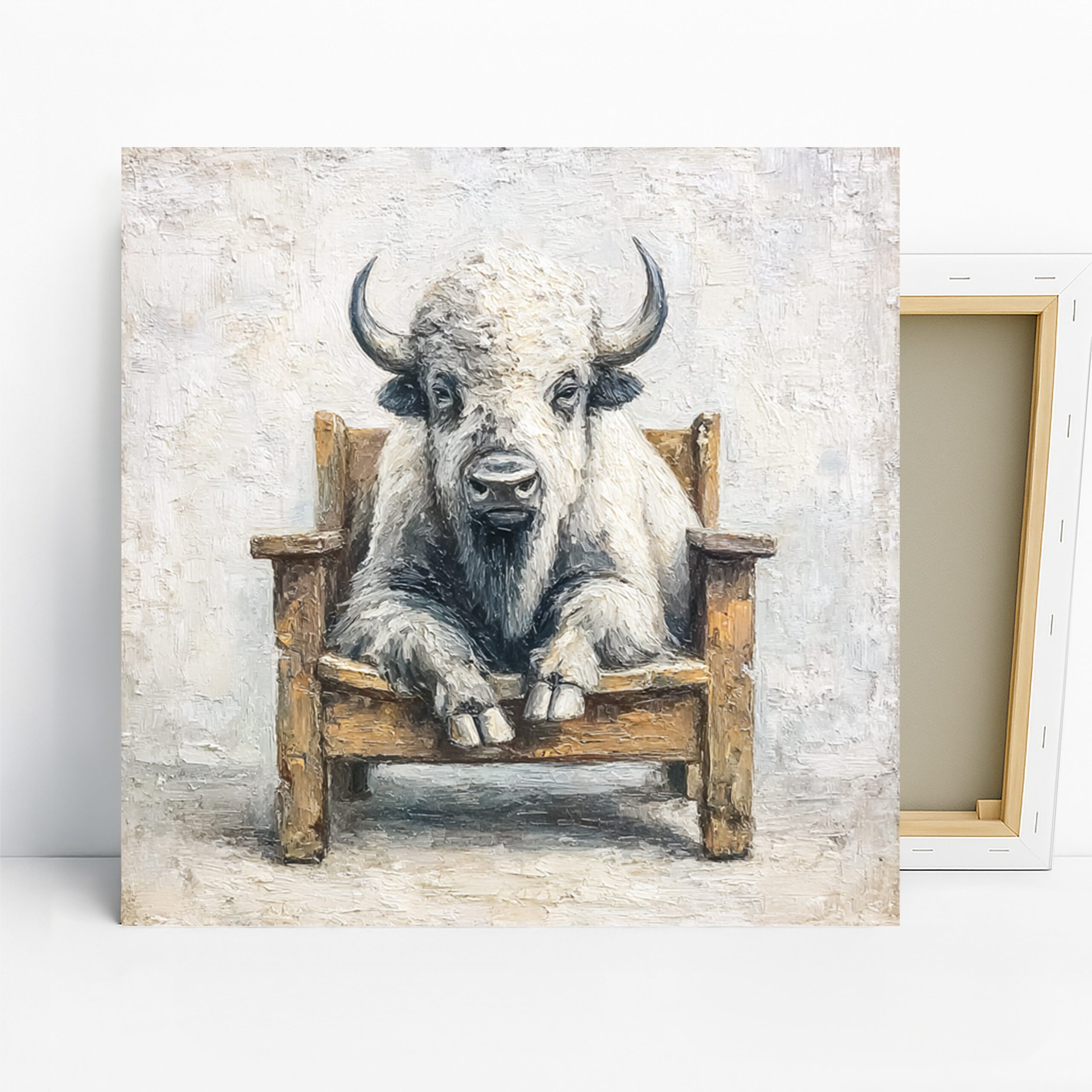 Bison Art, Canvas or Poster, Whimsical Rustic Decor, Living Room Office Bedroom Wall Art, White Brown Grey, Unique Animal Print