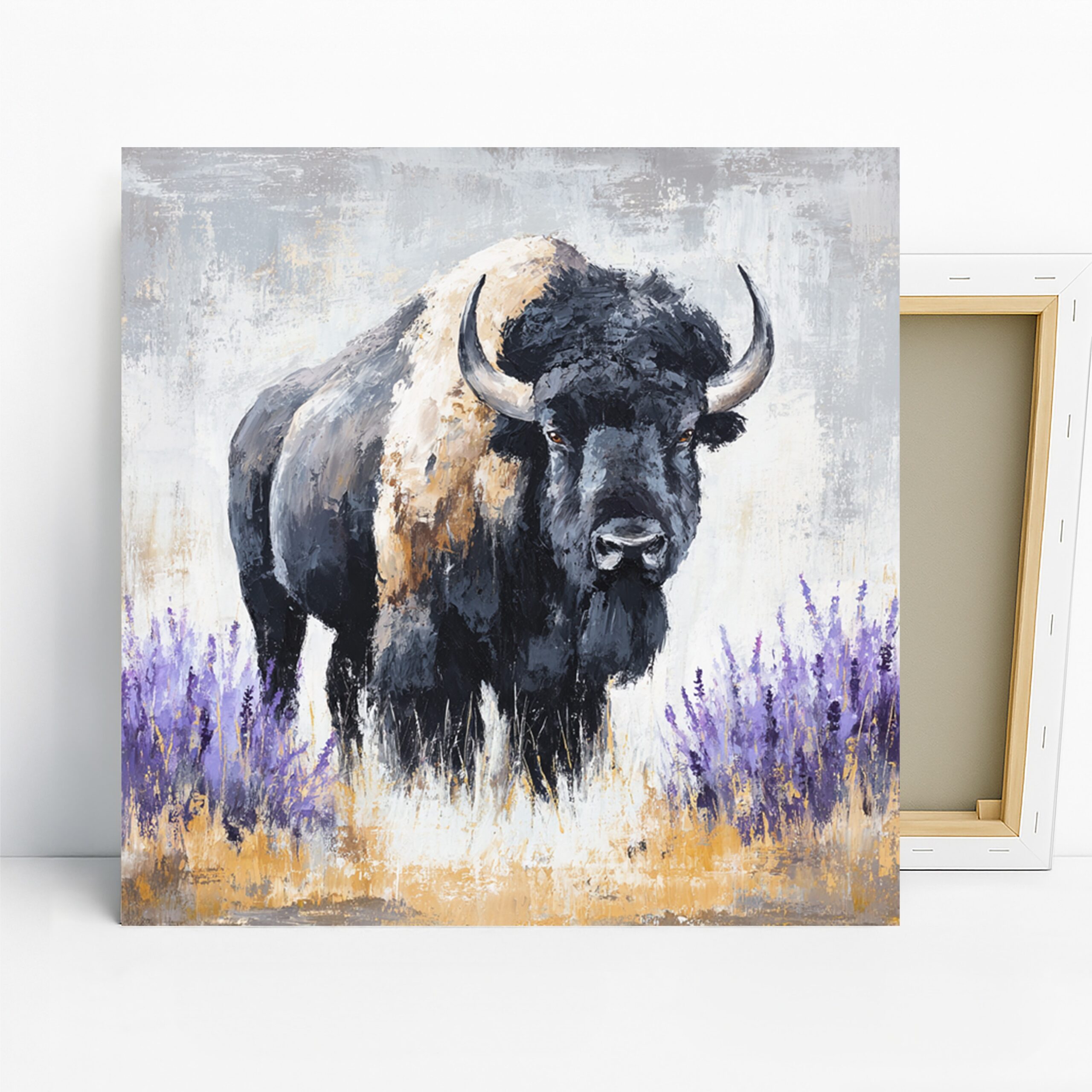 Bison Art, Canvas or Poster, Animal Nature Rustic Decor, Living Room Office Bedroom Wall Art, Black White Purple Gray Natural Print