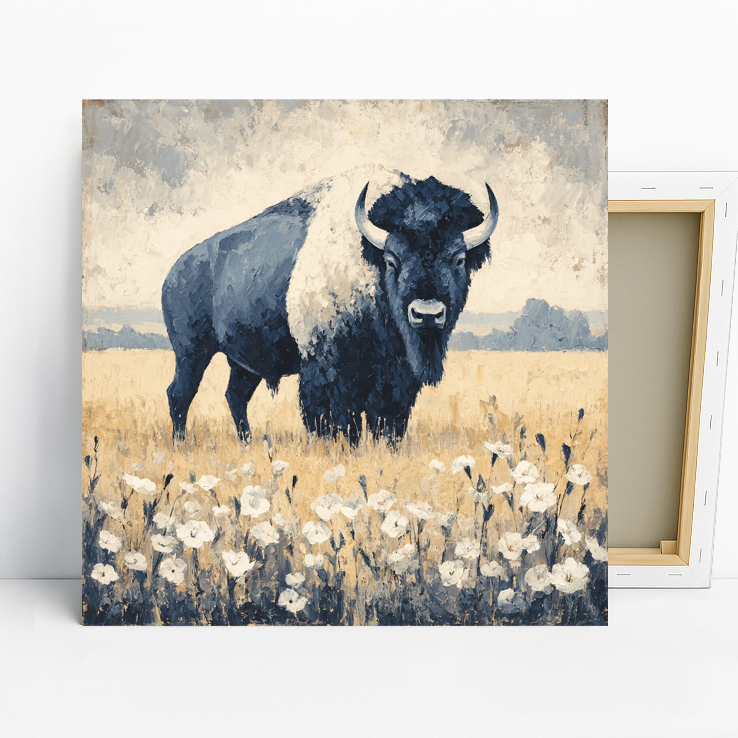 Bison Art, Canvas or Poster, Contemporary Rustic Decor, Living Room Bedroom Office Wall Art, Blue Beige White, Nature Lovers Decor