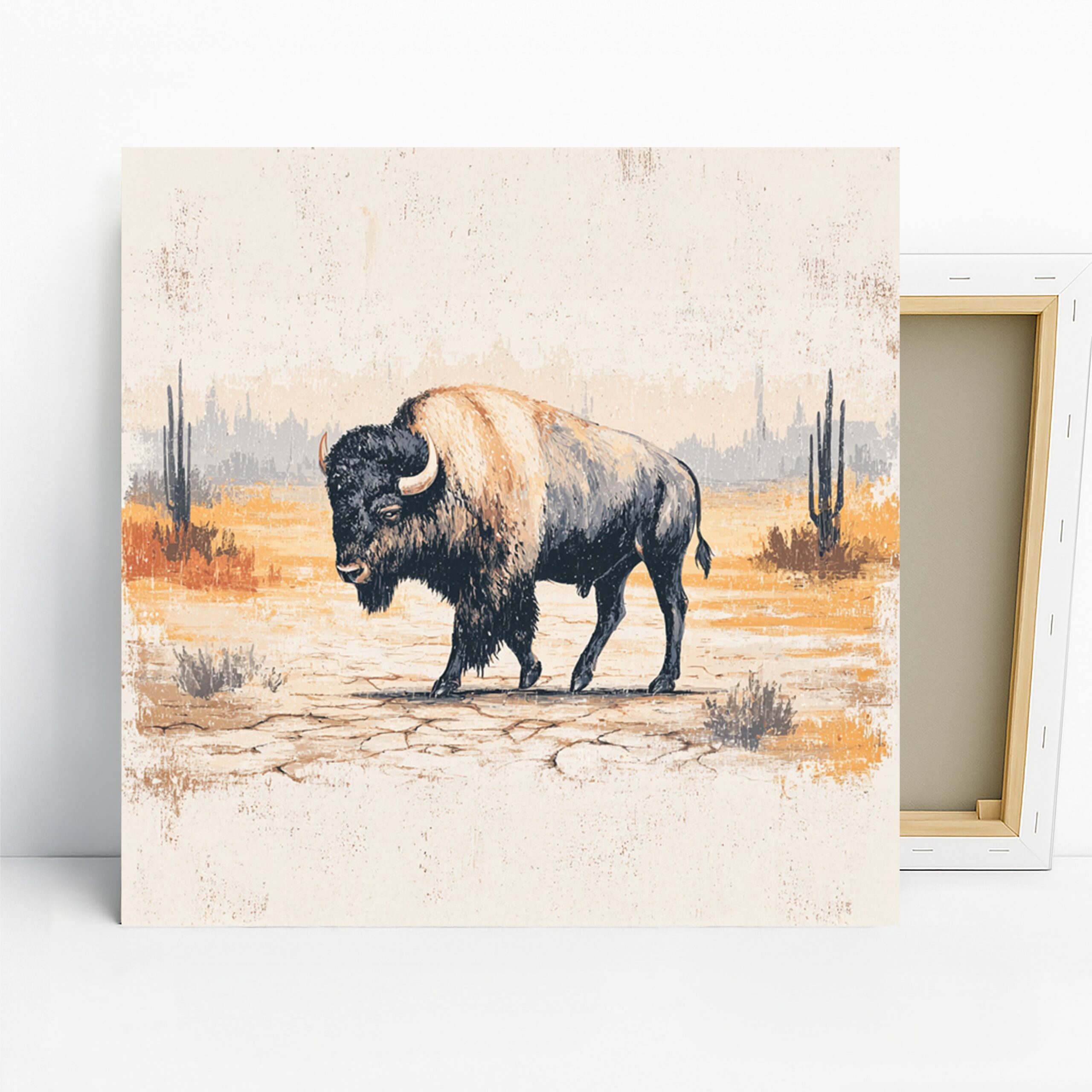 Bison Art, Canvas or Poster, Contemporary Rustic Decor, Living Room Office Bedroom Wall Art, Brown Orange Beige Black