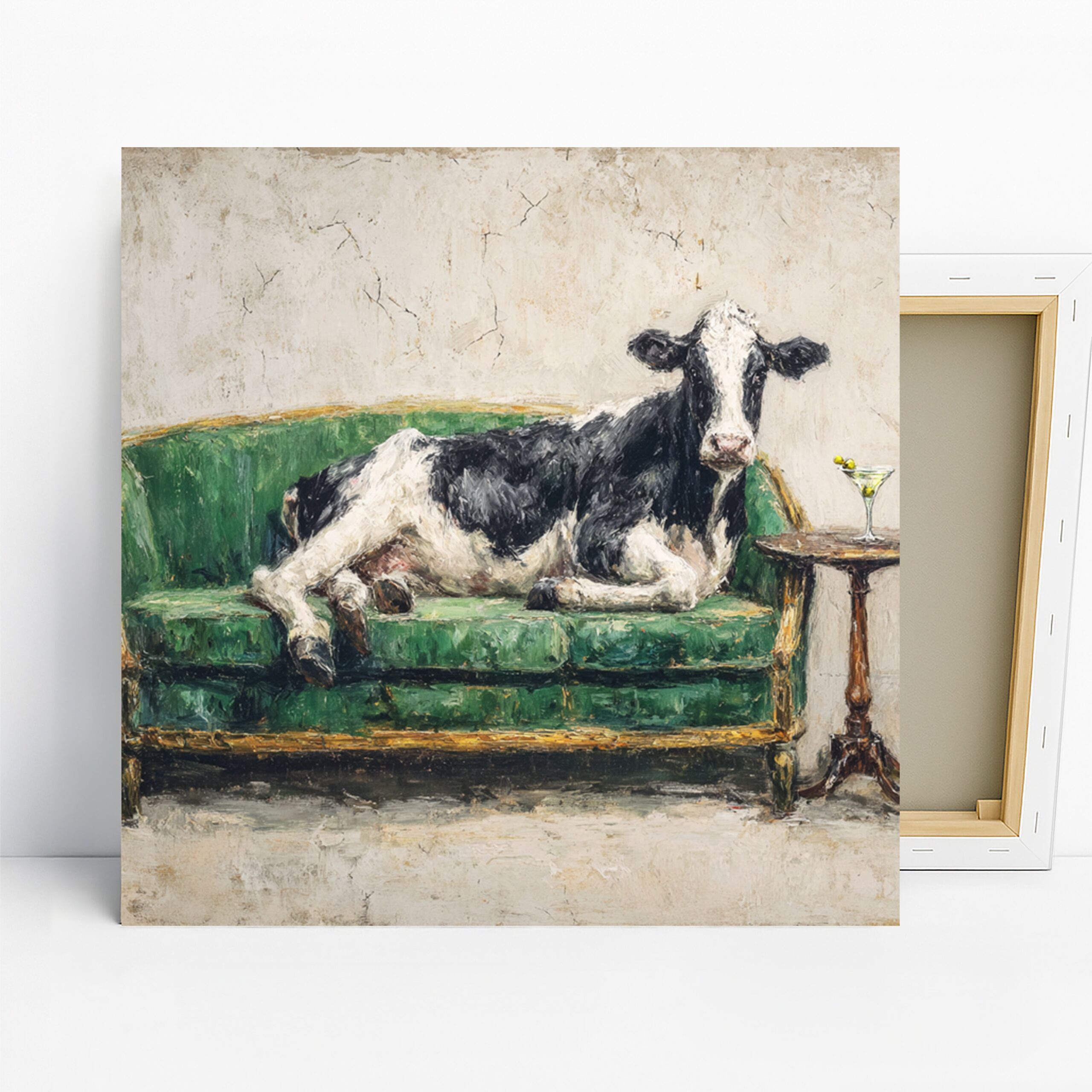 Cow on Couch Art, Canvas or Poster, Animal Classic Decor, Living Room Dining Room Office Wall Art, Black White Green