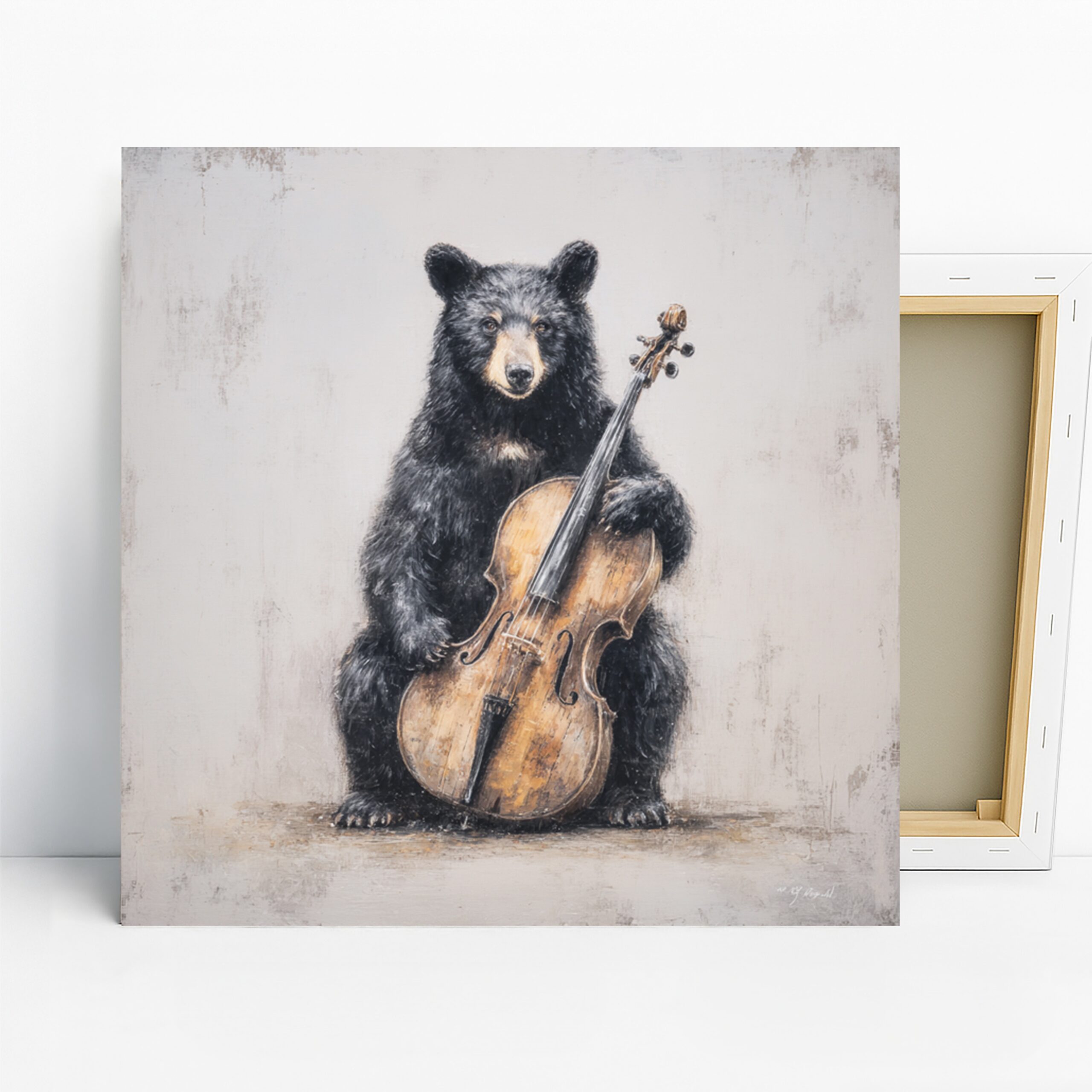 Bear Cello Art, Canvas or Poster, Whimsical Rustic Decor, Living Room Office Game Room Bedroom Wall Art, Black Brown Beige White