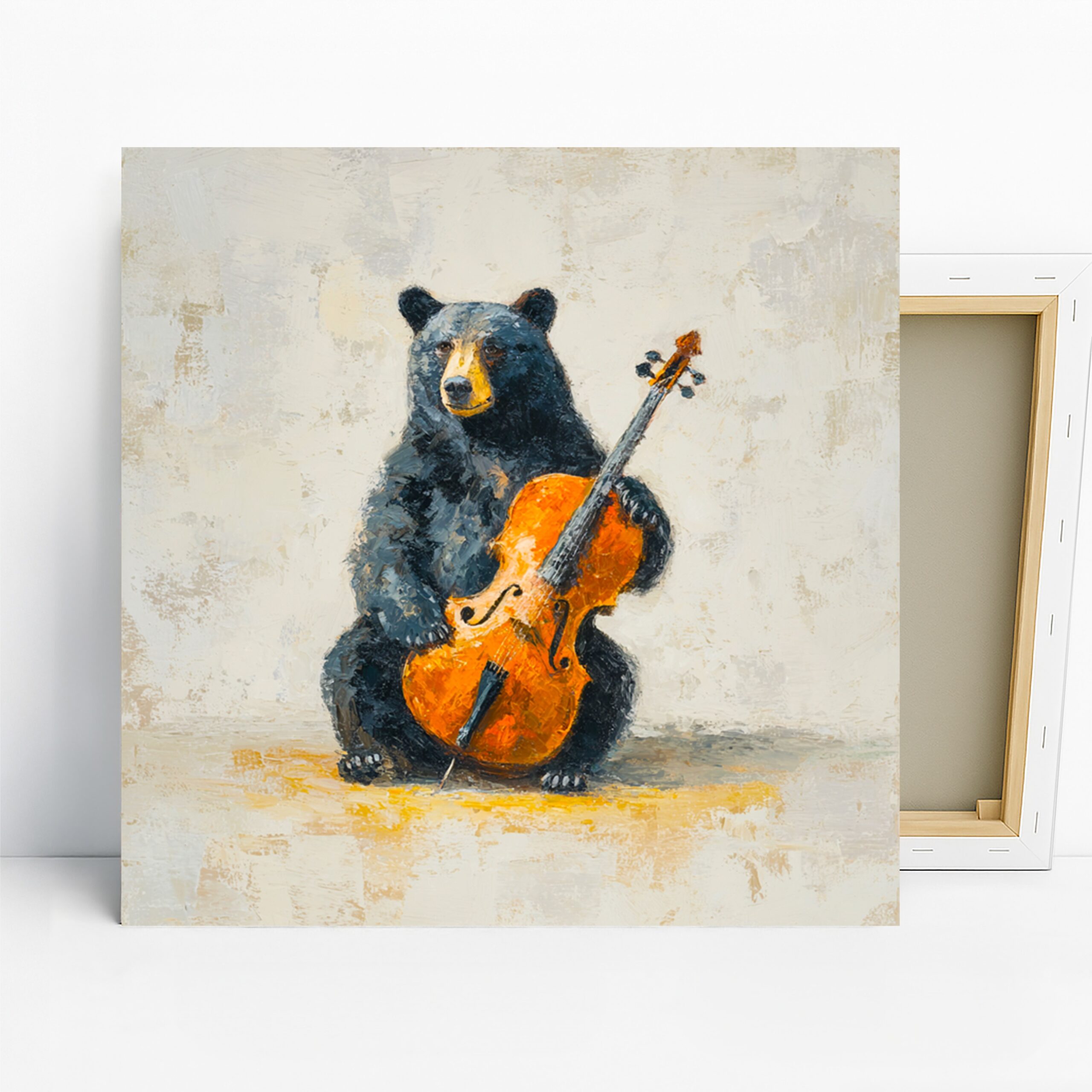 Bear Cello Art, Canvas or Poster, Whimsical Rustic Decor, Living Room Office Music Room Bedroom Wall Art, Black Orange Brown and White