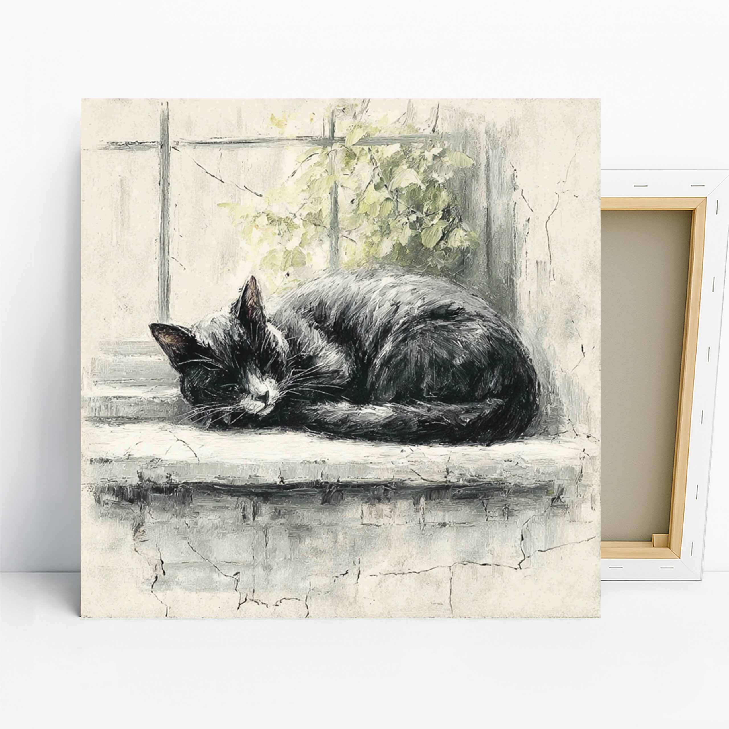 Sleeping Cat Art, Canvas or Poster, Contemporary Minimalist Decor, Living Room Bedroom Office Wall Art, Black White Green Grey