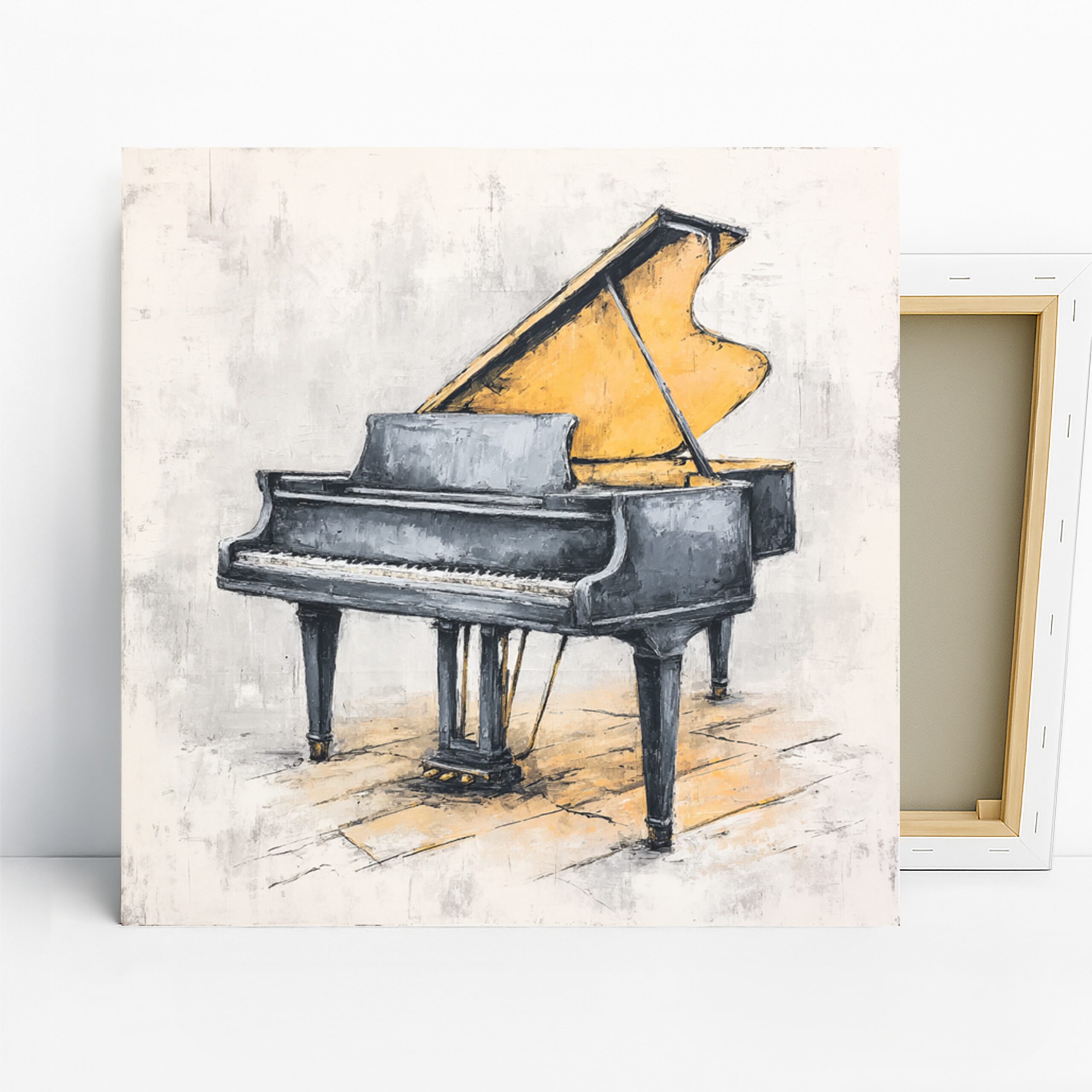 Grand Piano Art, Canvas or Poster, Contemporary Minimalist Decor, Living Room Office Music Room Wall Art, Black Yellow Grey and White