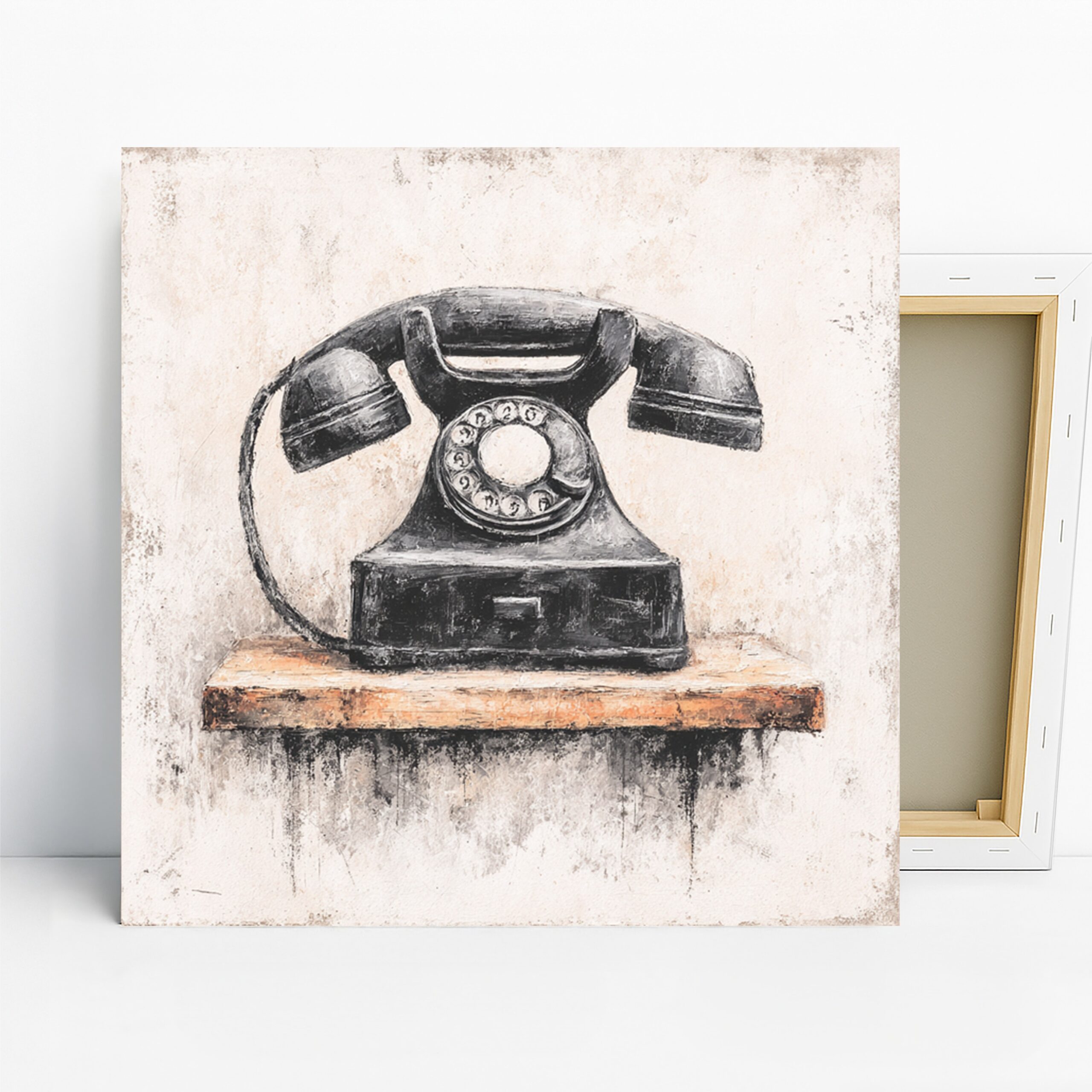 Vintage Rotary Phone Art, Canvas or Poster, Retro Farmhouse Decor, Living Room Office Kitchen Wall Art, Black White Beige Brown