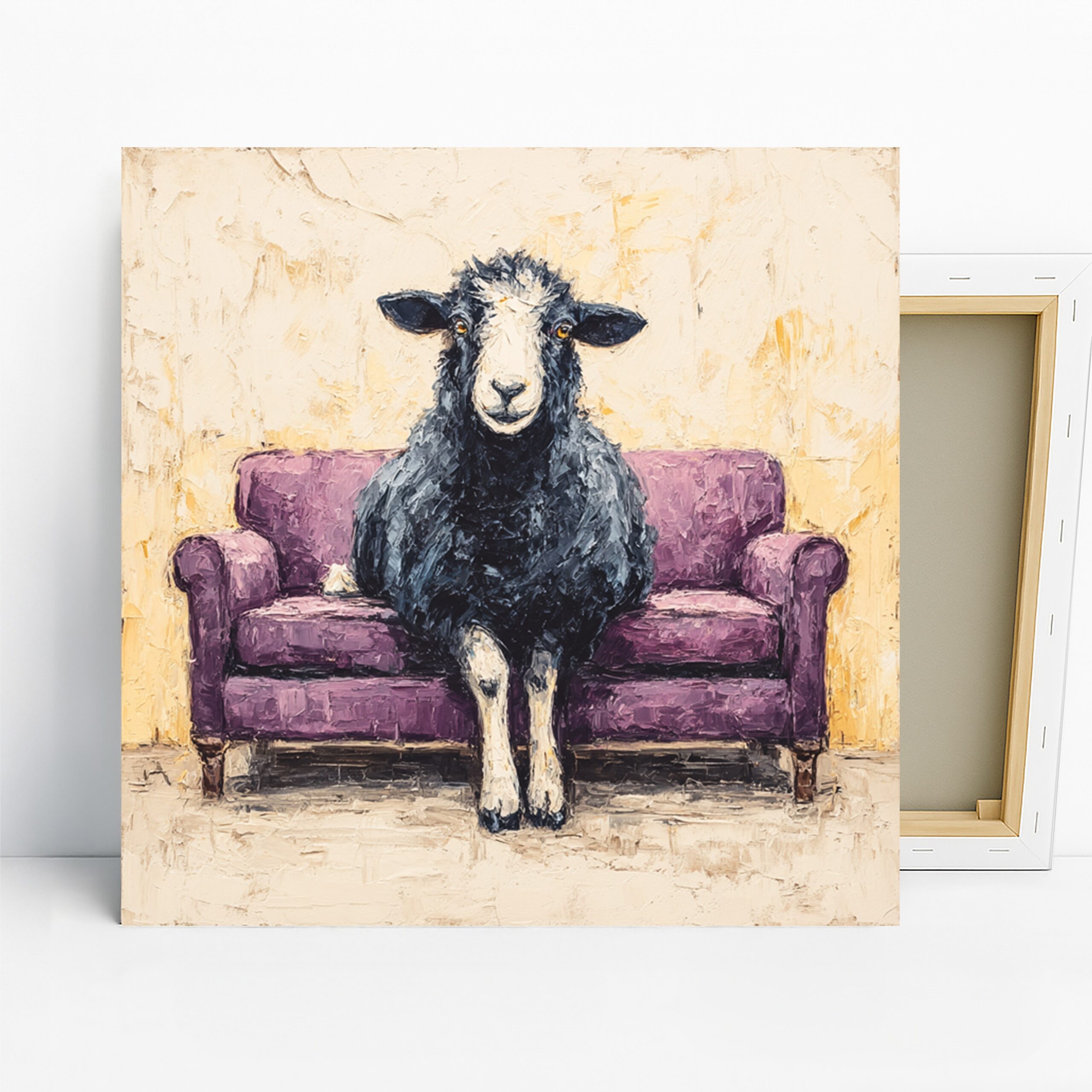 Sheep on Sofa Art, Canvas or Poster, Whimsical Modern Decor, Living Room Office Bedroom Dining Room Wall Art, Purple Black White Beige
