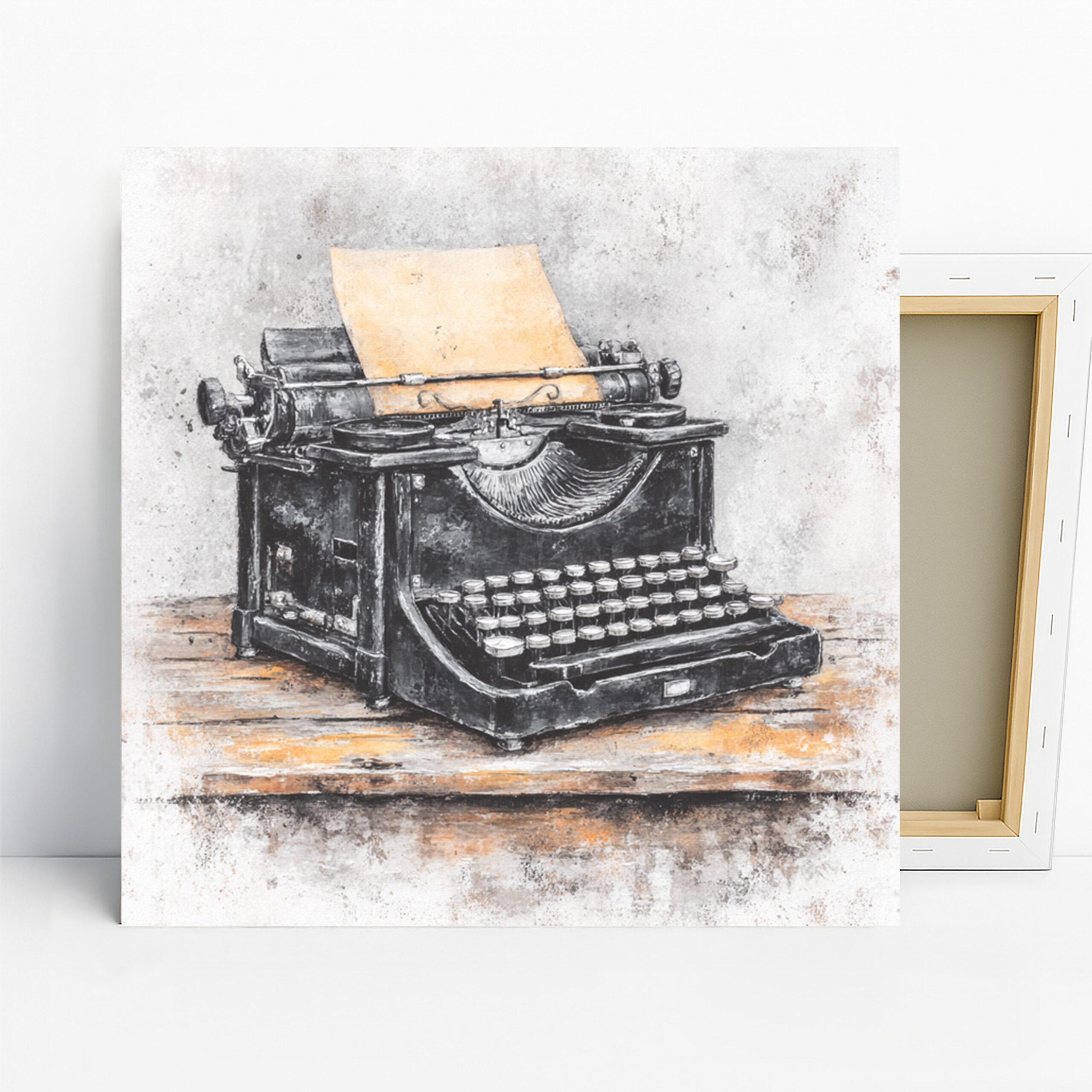 Vintage Typewriter Art, Canvas or Poster, Retro Still Life Decor, Office Library Living Room Wall Art, Black White Beige Orange