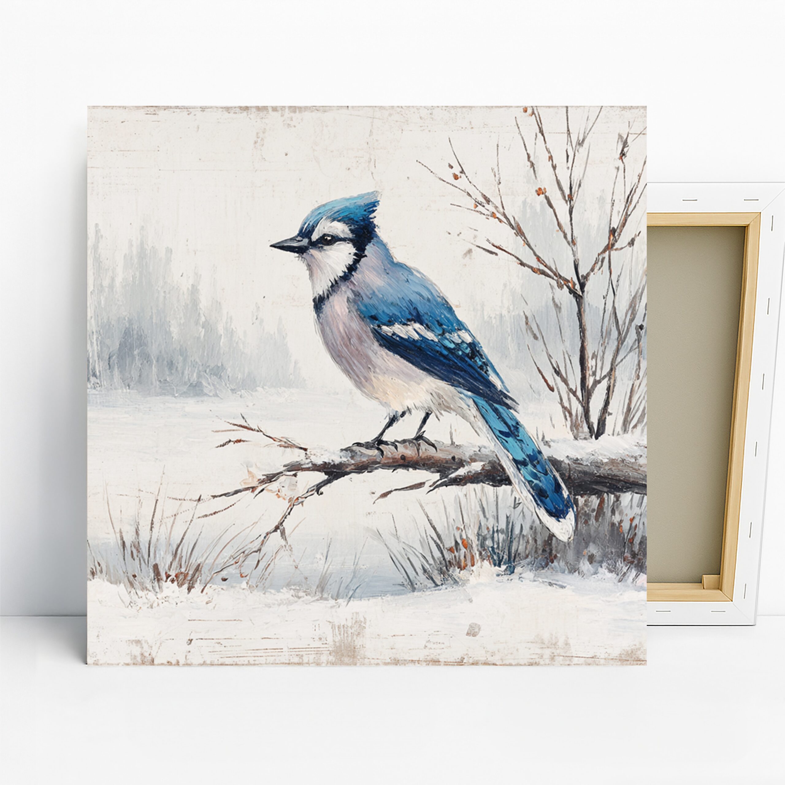 Blue Jay Winter Art, Canvas or Poster, Nature Contemporary Decor, Living Room Bedroom Dining Office Wall Art, Blue White Gray Brown