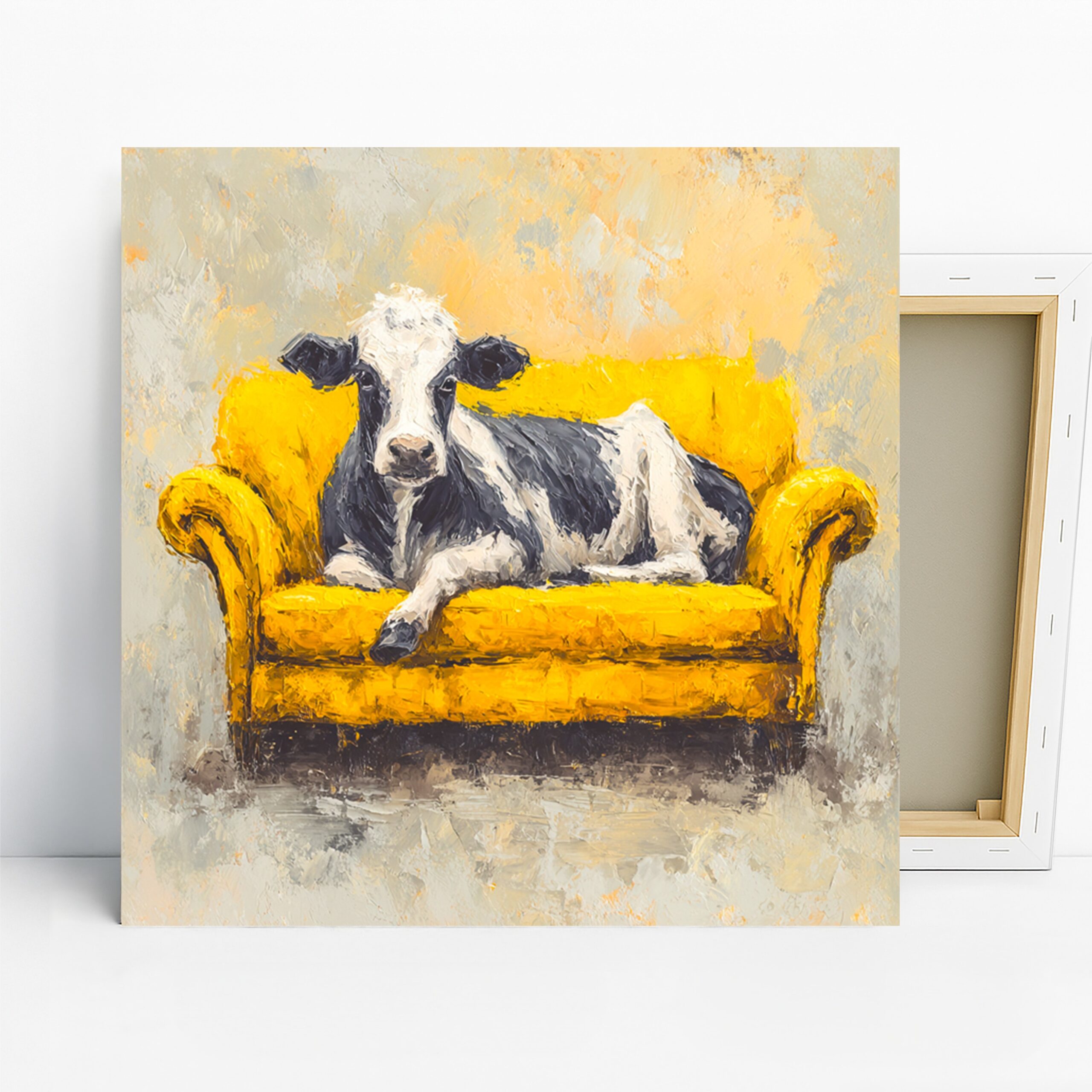 Cow on Yellow Couch Art, Canvas or Poster, Contemporary Whimsical Decor, Living Room Bedroom Office Wall Art, Yellow Black White Grey