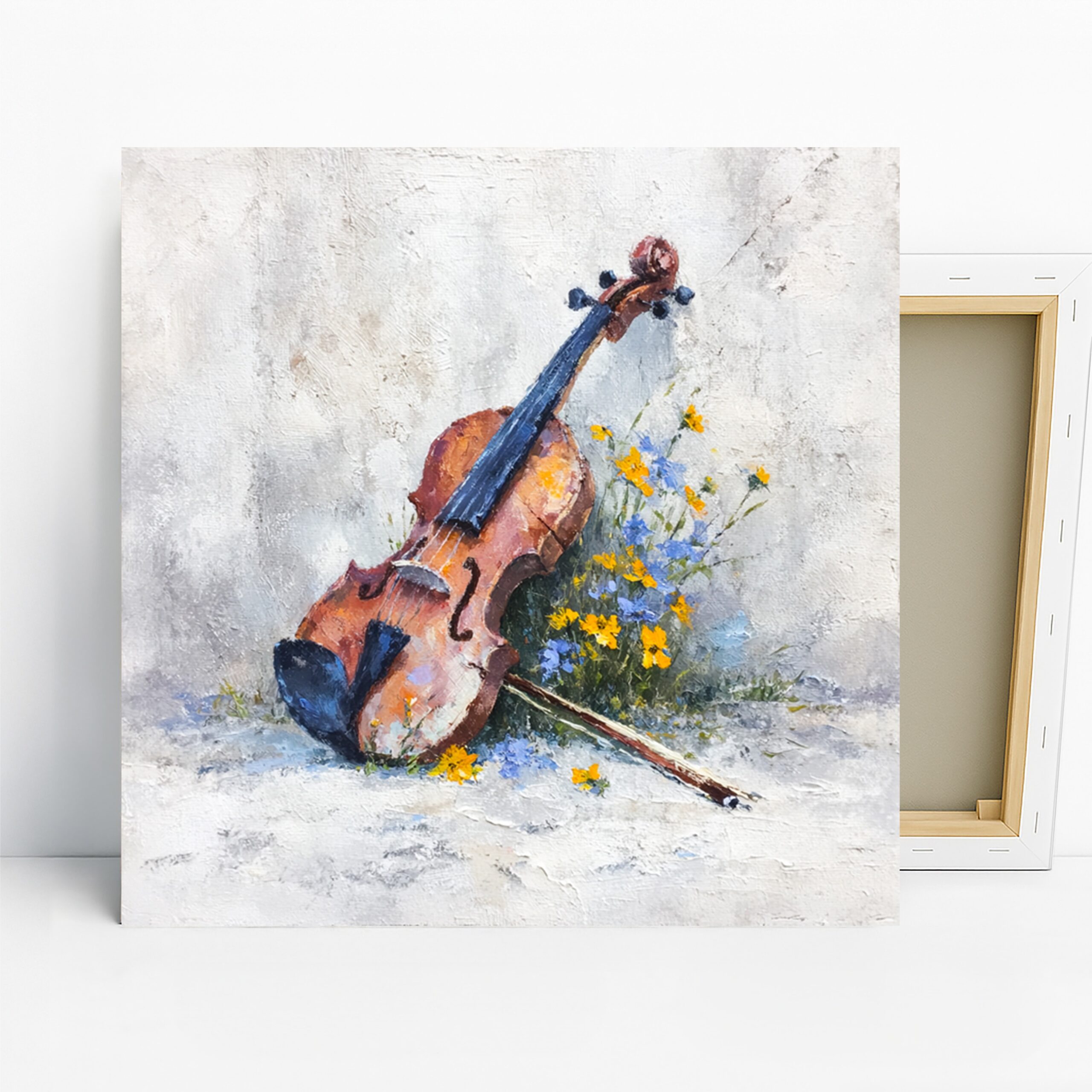 Violin and Wildflowers Art, Canvas or Poster, Rustic Shabby Chic Decor, Living Room Music Room Dining Room Wall Art, Brown Yellow Blue White