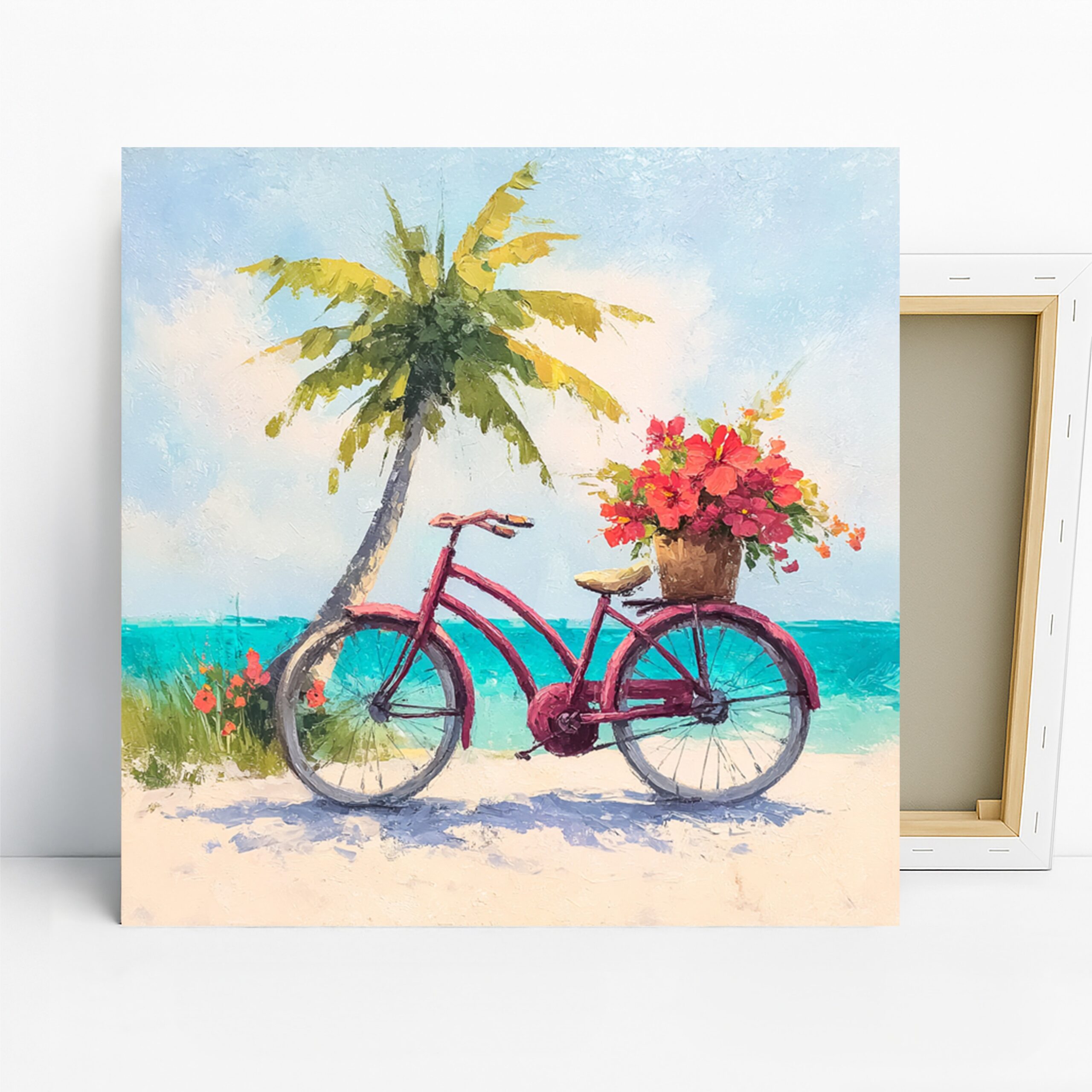 Tropical Beach Bicycle Art, Canvas or Poster, Nature Coastal Decor, Living Room Bedroom Bathroom Wall Art, Red Green Blue Turquoise