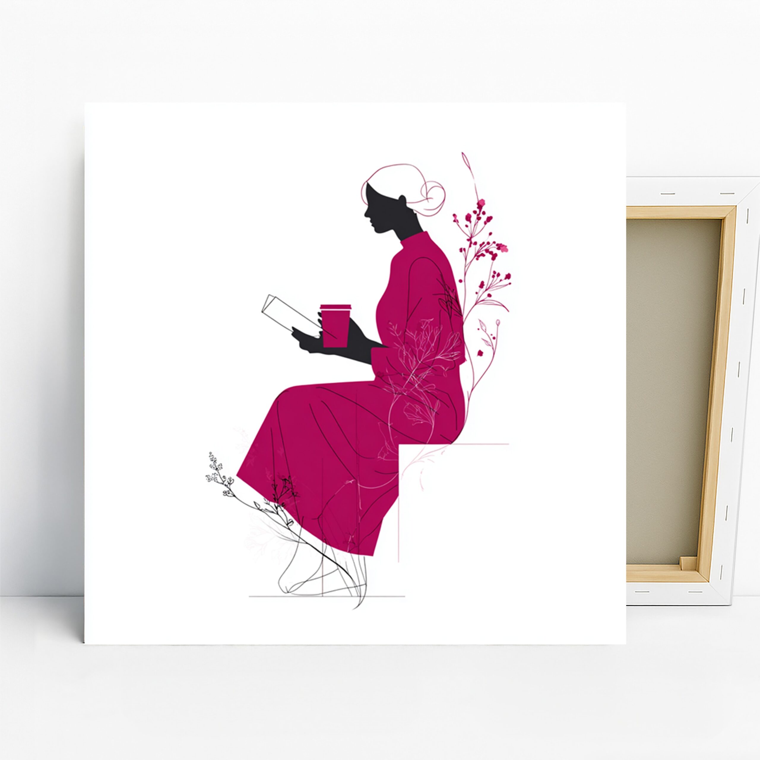 Elegant Reader Silhouette Art, Canvas or Poster, Contemporary Minimalist Decor, Office Living Room Bedroom Wall Art, Pink Black White