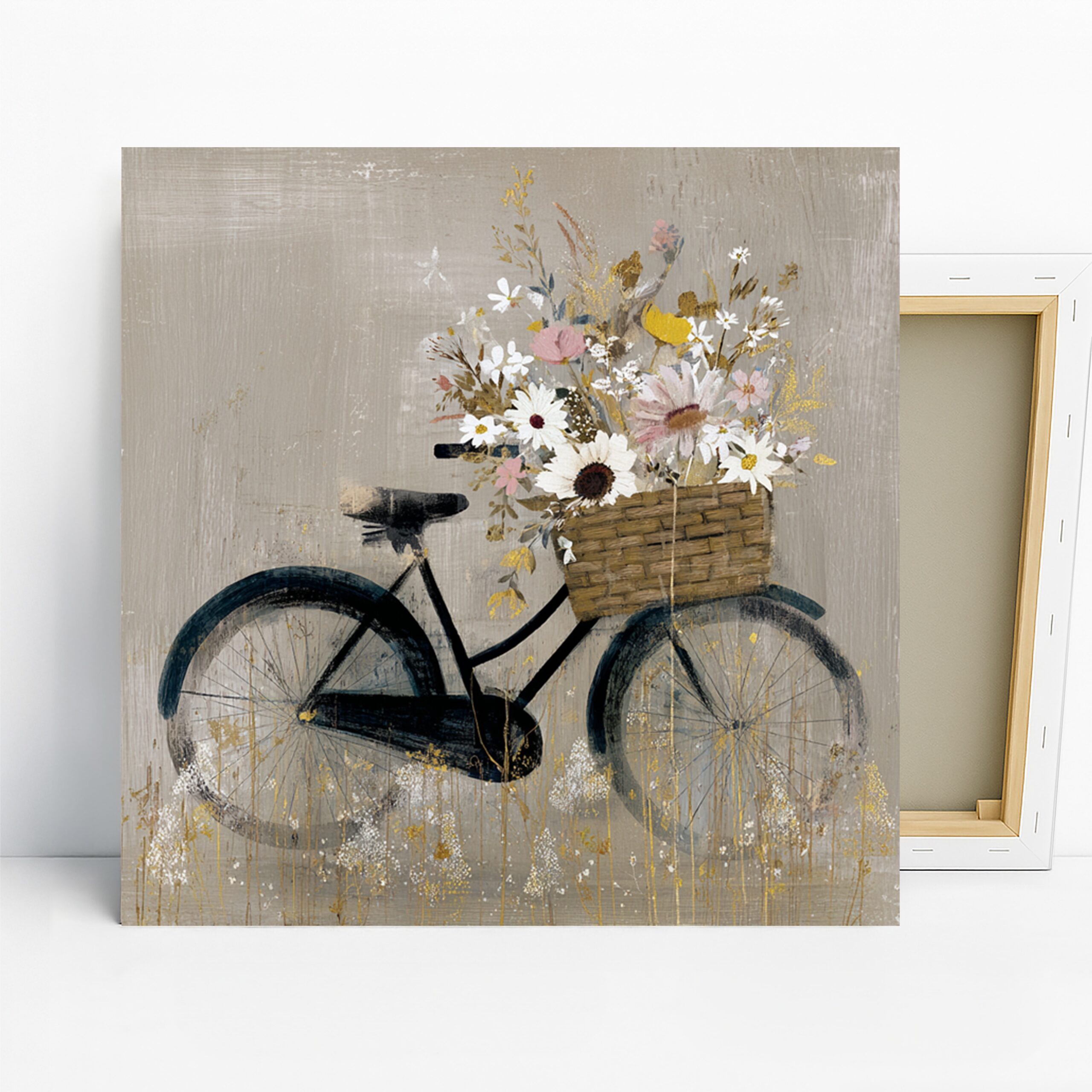 Bicycle Flower Basket Art, Canvas or Poster, Vintage Floral Rustic Decor, Living Room Bedroom Entryway Wall Art, White Pink Yellow