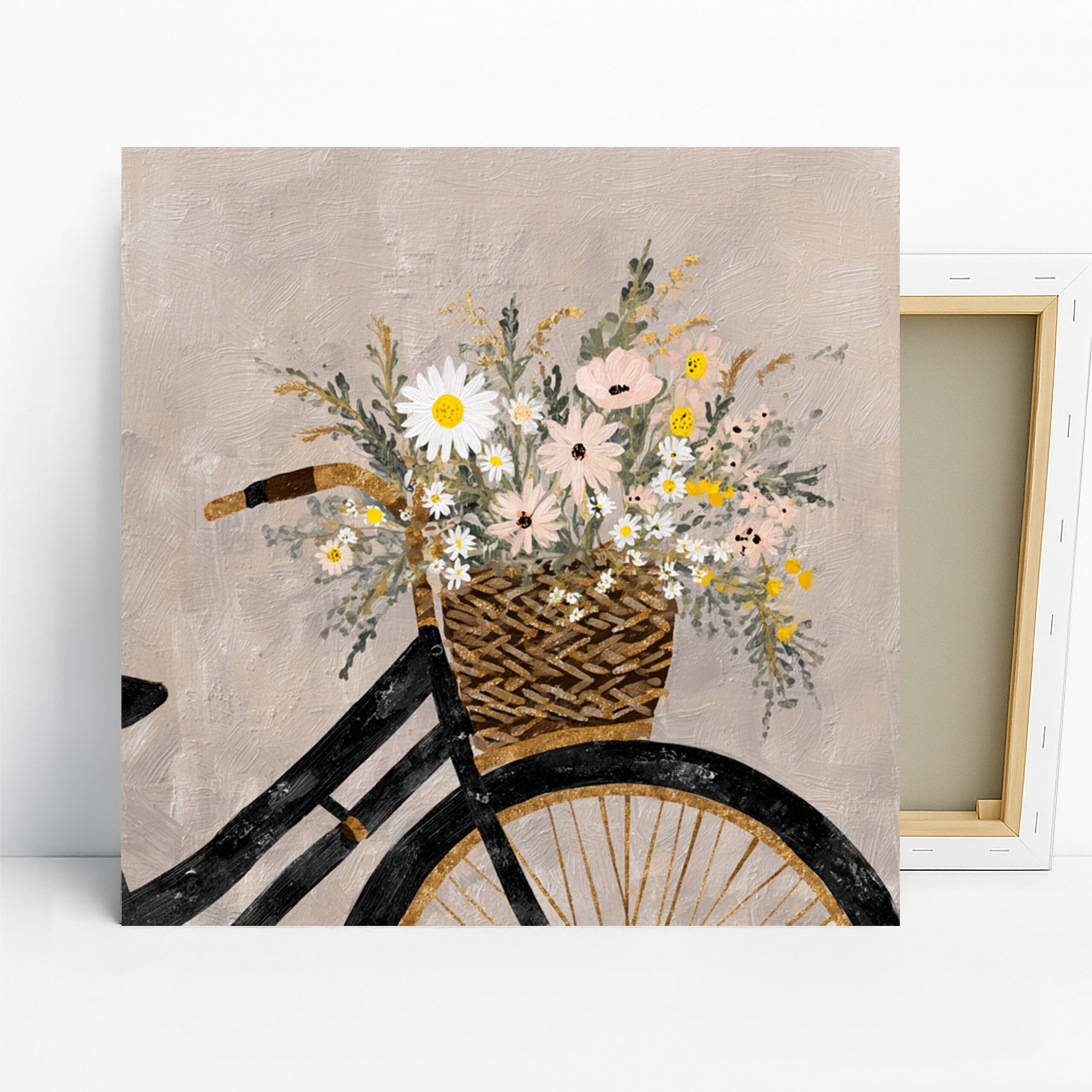 Bicycle Flower Basket Art, Canvas or Poster, Floral Vintage Decor, Living Room Bedroom Entryway Wall Art, White Pink Yellow Green