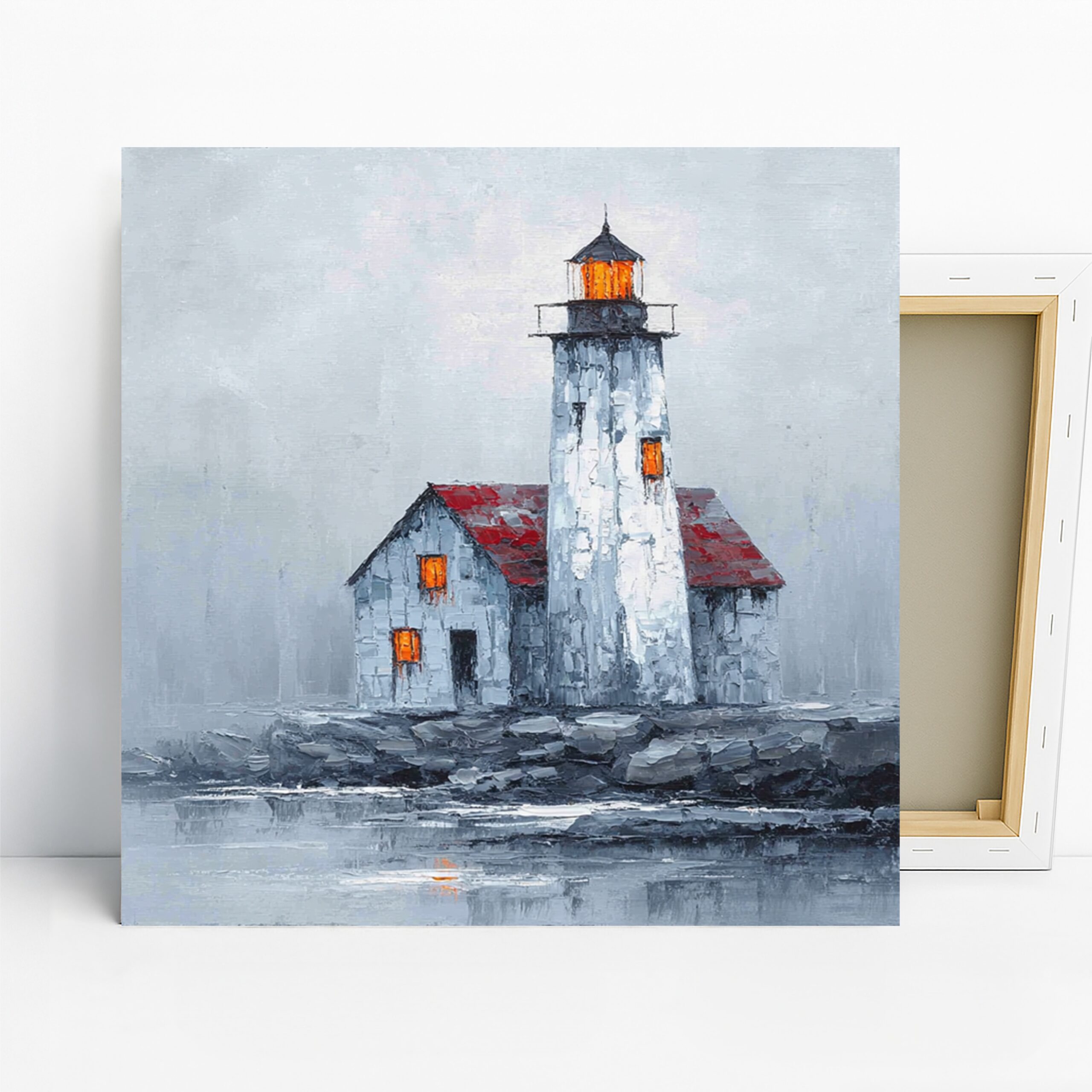 Lighthouse Art, Canvas or Poster, Impressionism Coastal Decor, Living Room Bedroom Office Entryway Wall Art, White Red Orange Grey