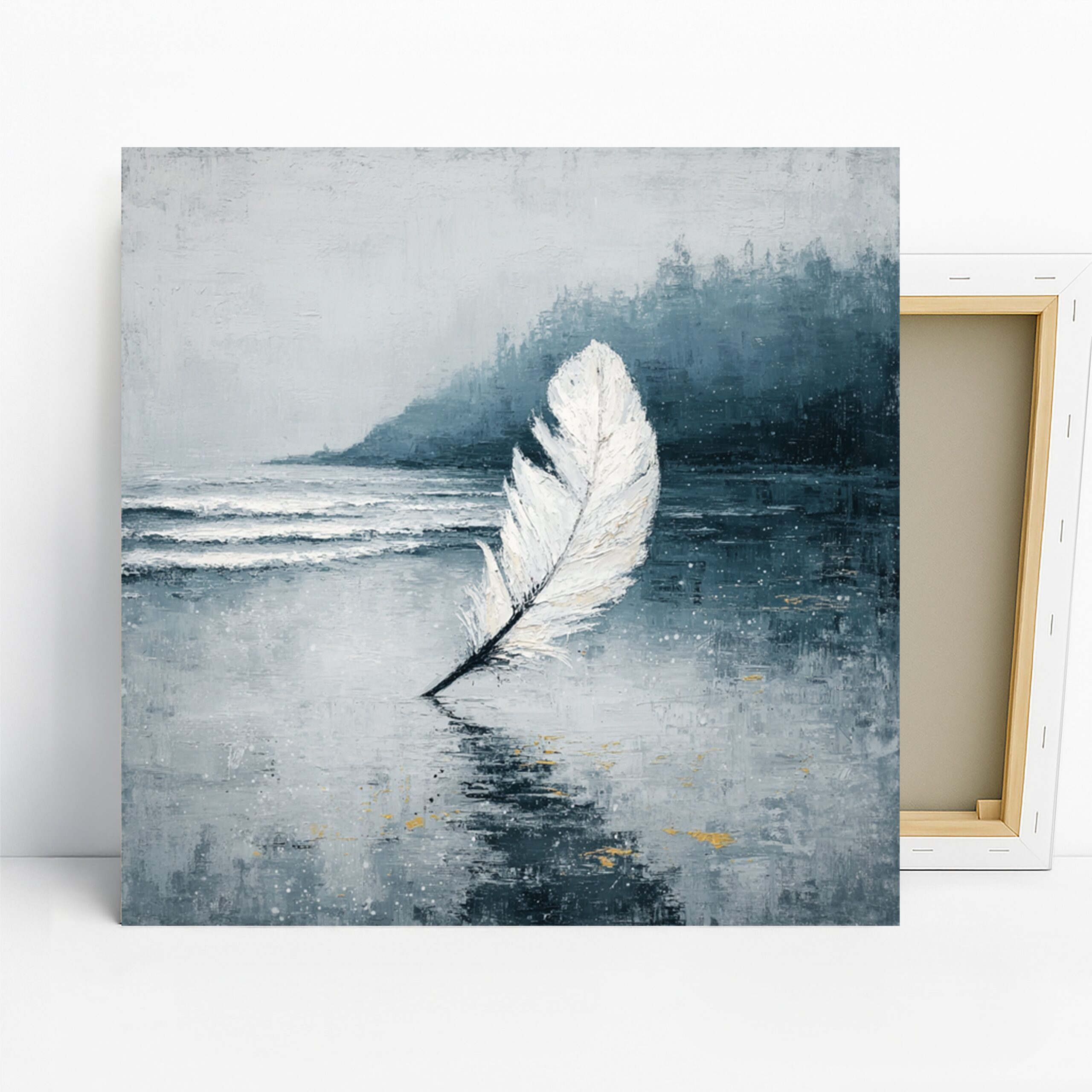 Coastal Feather Art, Canvas or Poster, Contemporary Minimalist Nature Decor, Bedroom Living Room Bathroom Office Wall Art, White Blue Grey 