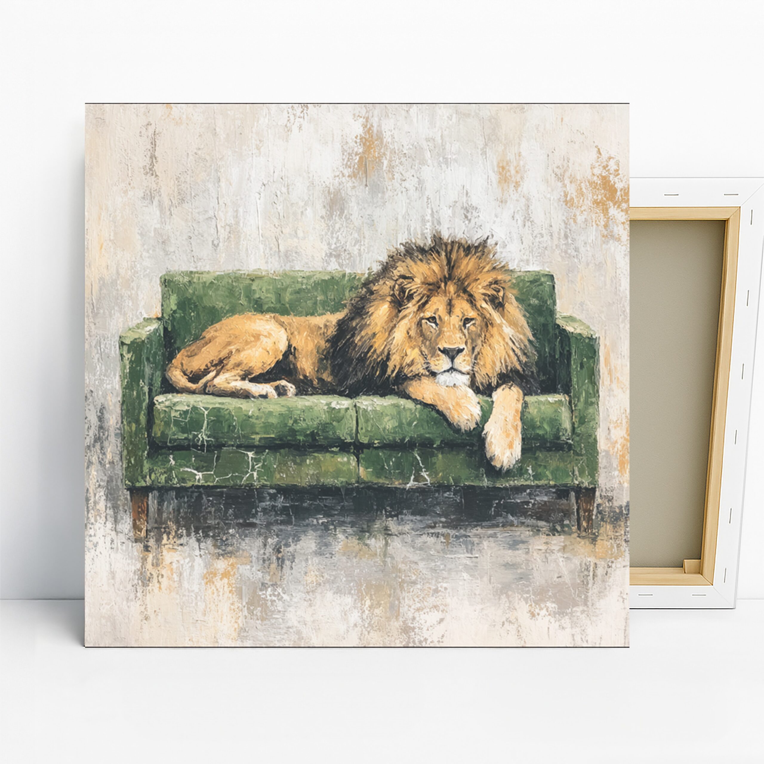 Lion Art, Canvas or Poster, Contemporary Nature Decor, Living Room Office Bedroom Wall Art, Green Brown Gold Beige Wildlife Print