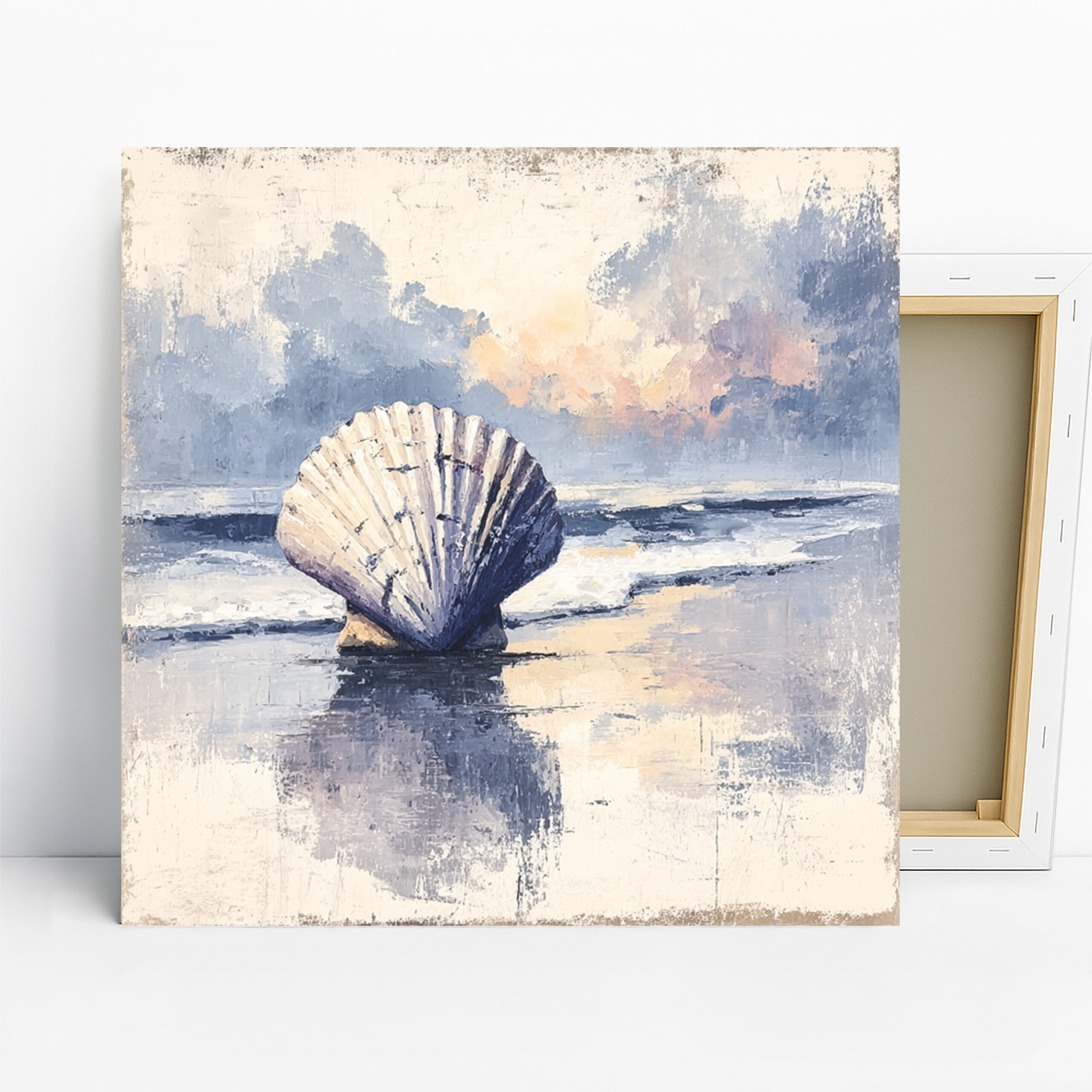 Seashell Beach Art, Canvas or Poster, Contemporary Coastal Decor, Bathroom Bedroom Living Room Wall Art, Blue Grey White, Nature Home Print
