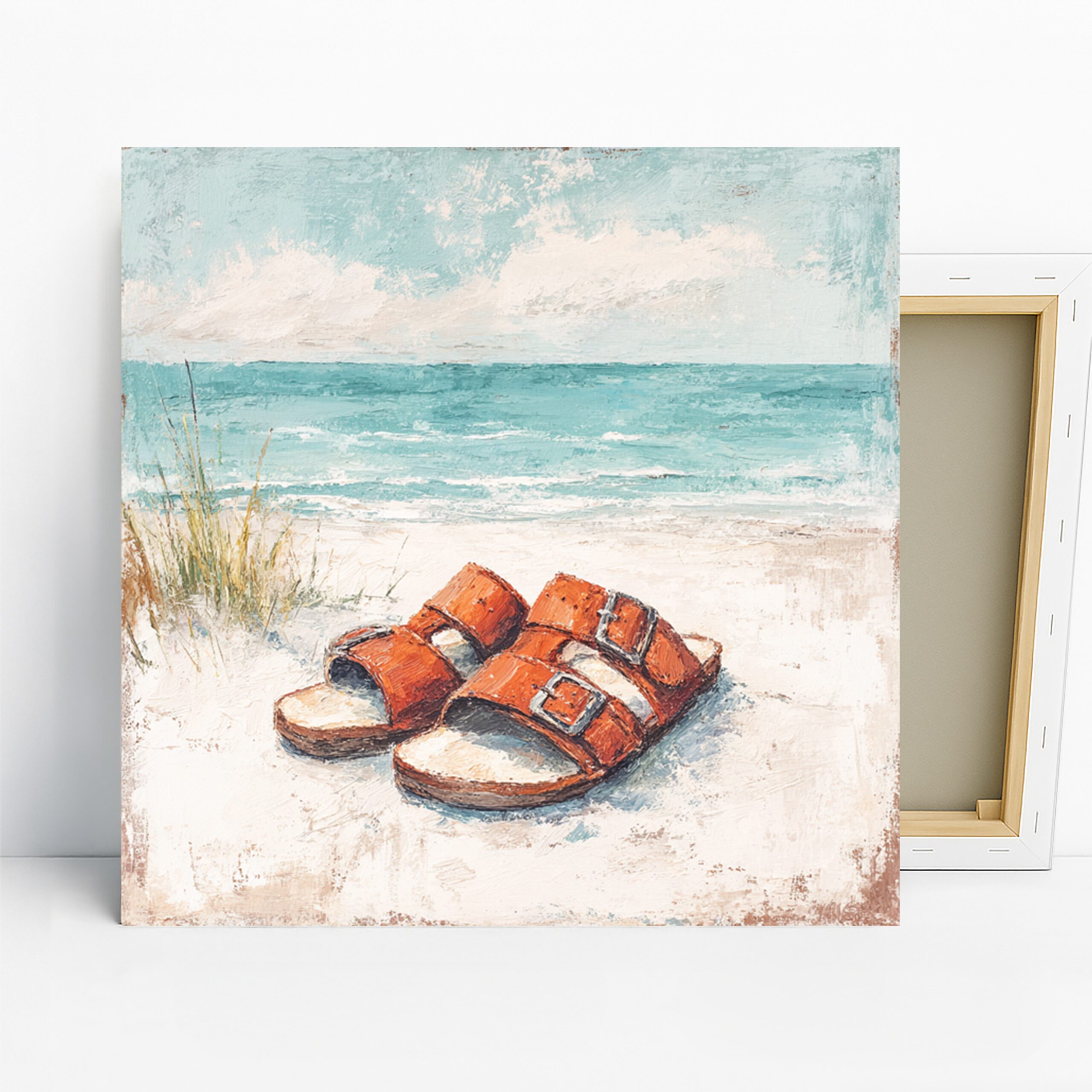 Beach Sandals Art, Canvas or Poster, Coastal Vintage Decor, Bedroom Bathroom Living Room Entryway Wall Art, Blue Orange Beige White