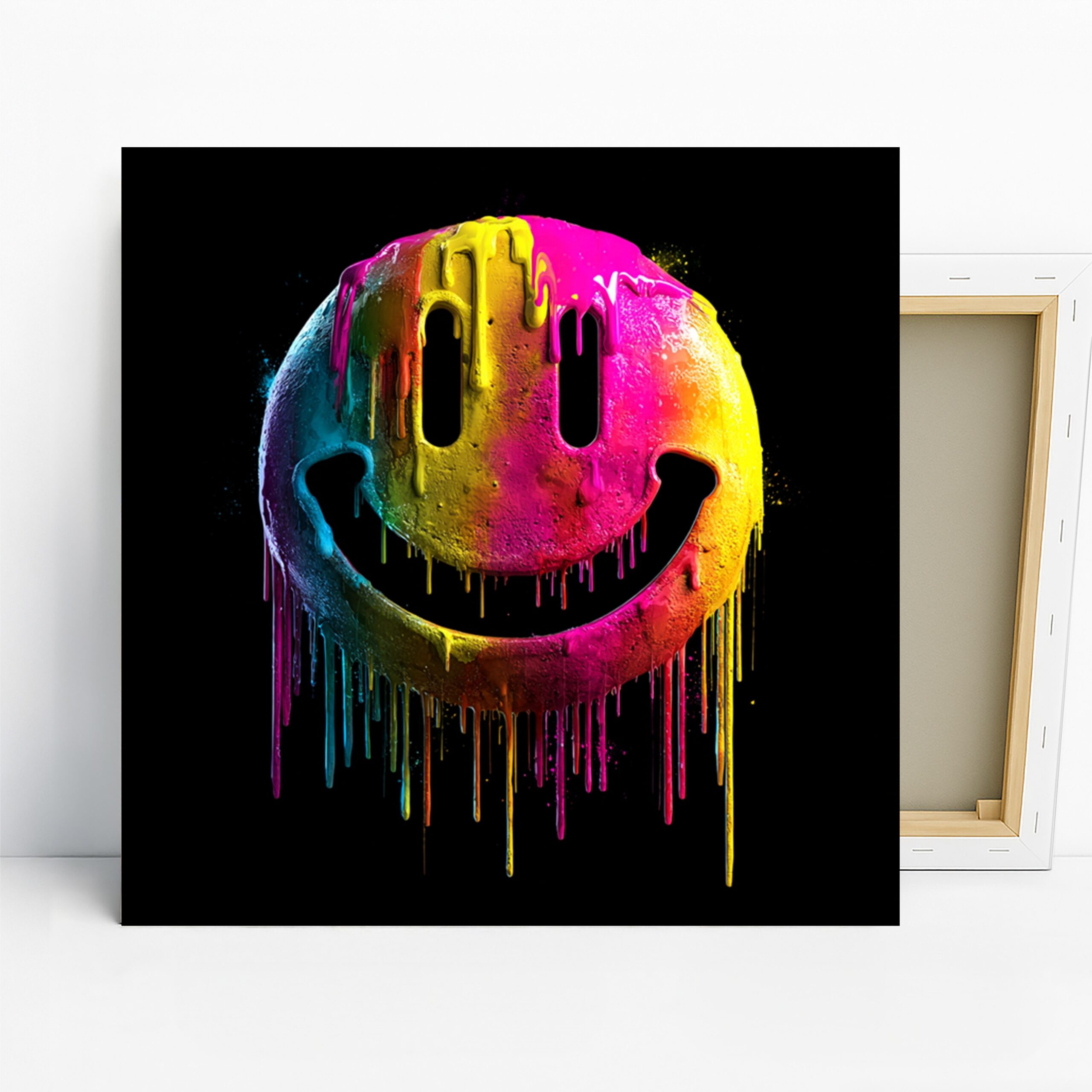 Melting Smiley Face Art, Canvas or Poster, Pop Art Contemporary Decor, Living Room Bedroom Game Room Wall Art, Yellow Pink Blue Multicolor