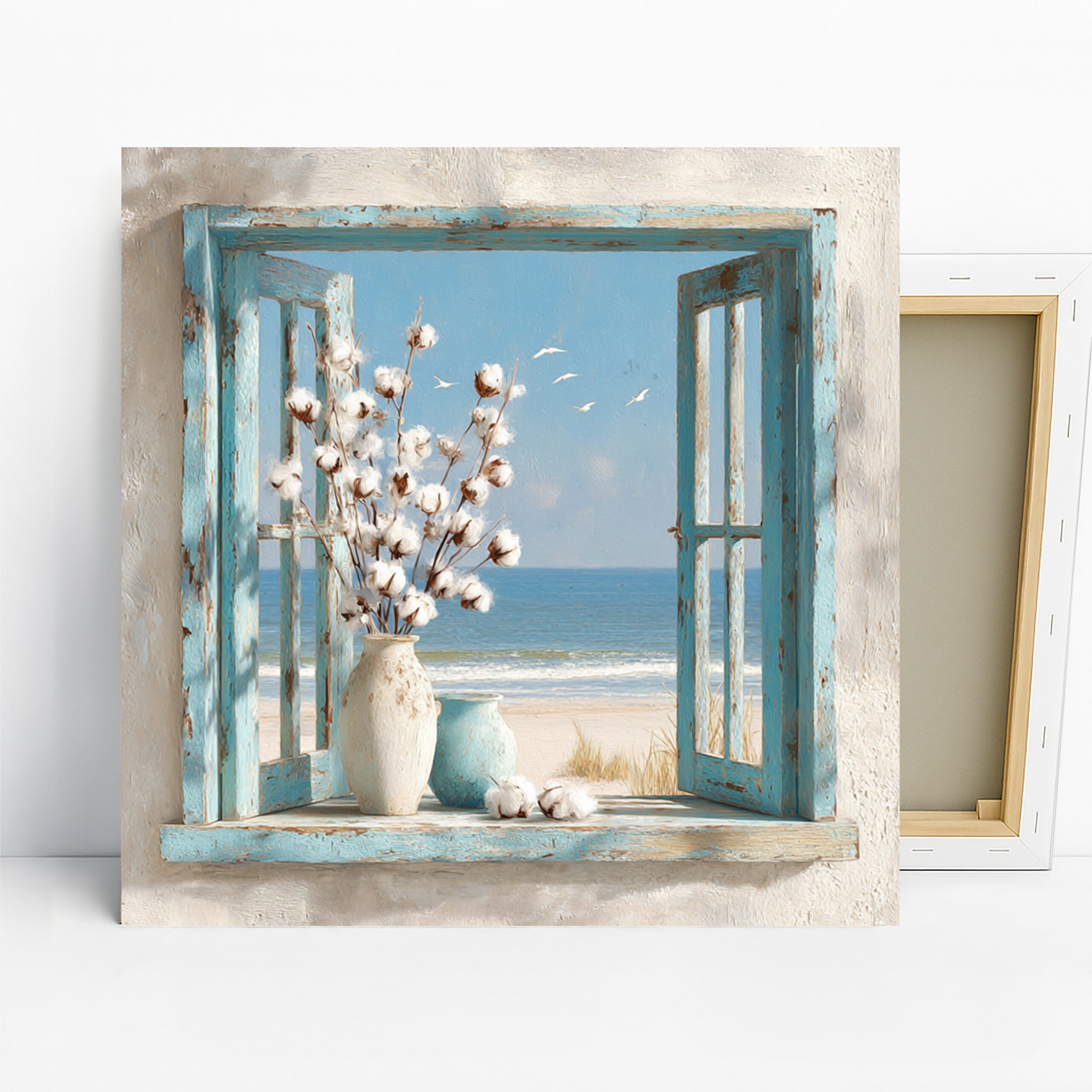Coastal Window Art, Canvas or Poster, Nature Rustic Decor, Bedroom Living Room Bathroom Sunroom Wall Art, Blue White Turquoise Beige
