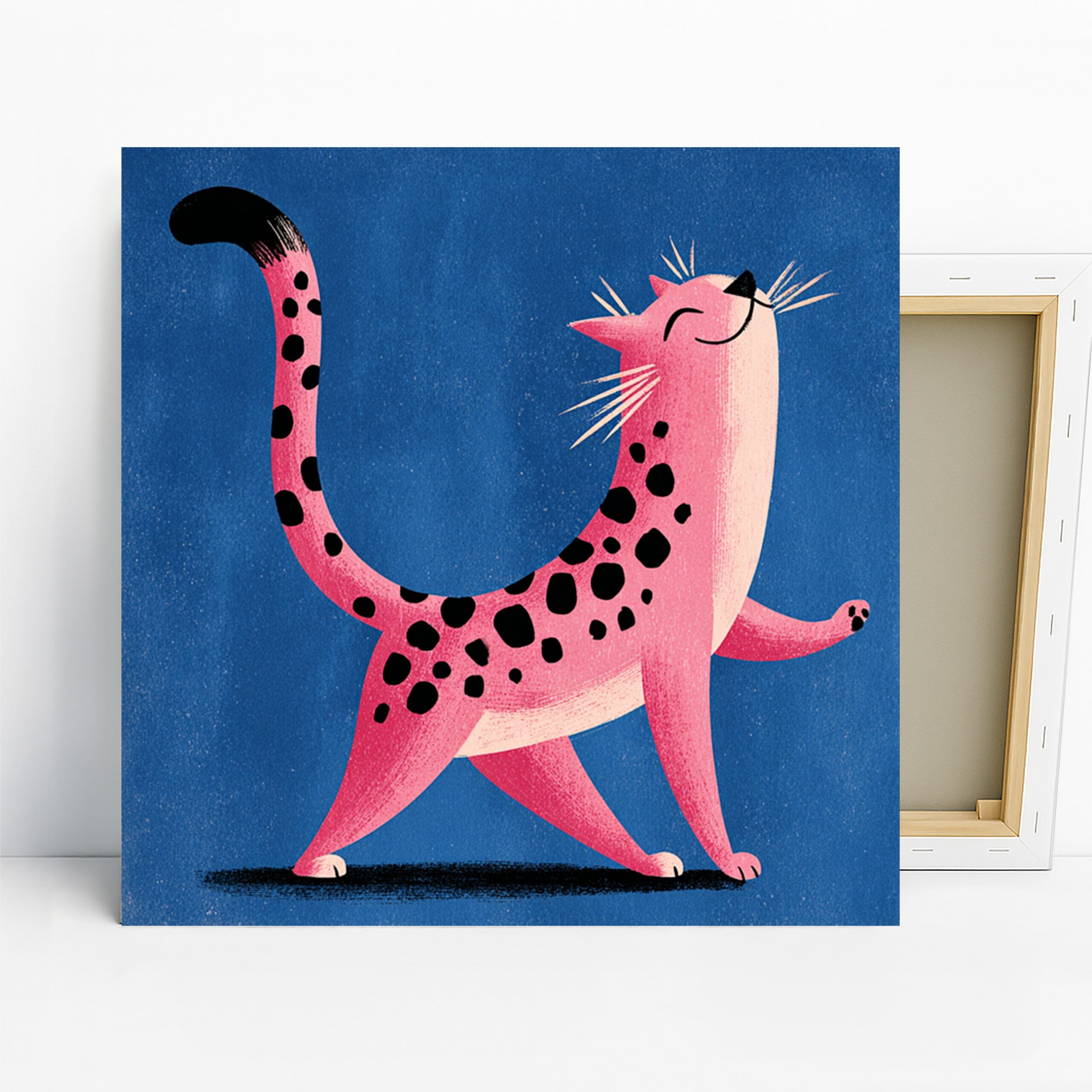 Pink Spotted Cat Art, Canvas or Poster, Whimsical Modern Decor, Children’s Nursery Bedroom Living Room Wall Art, Pink Blue Black White 