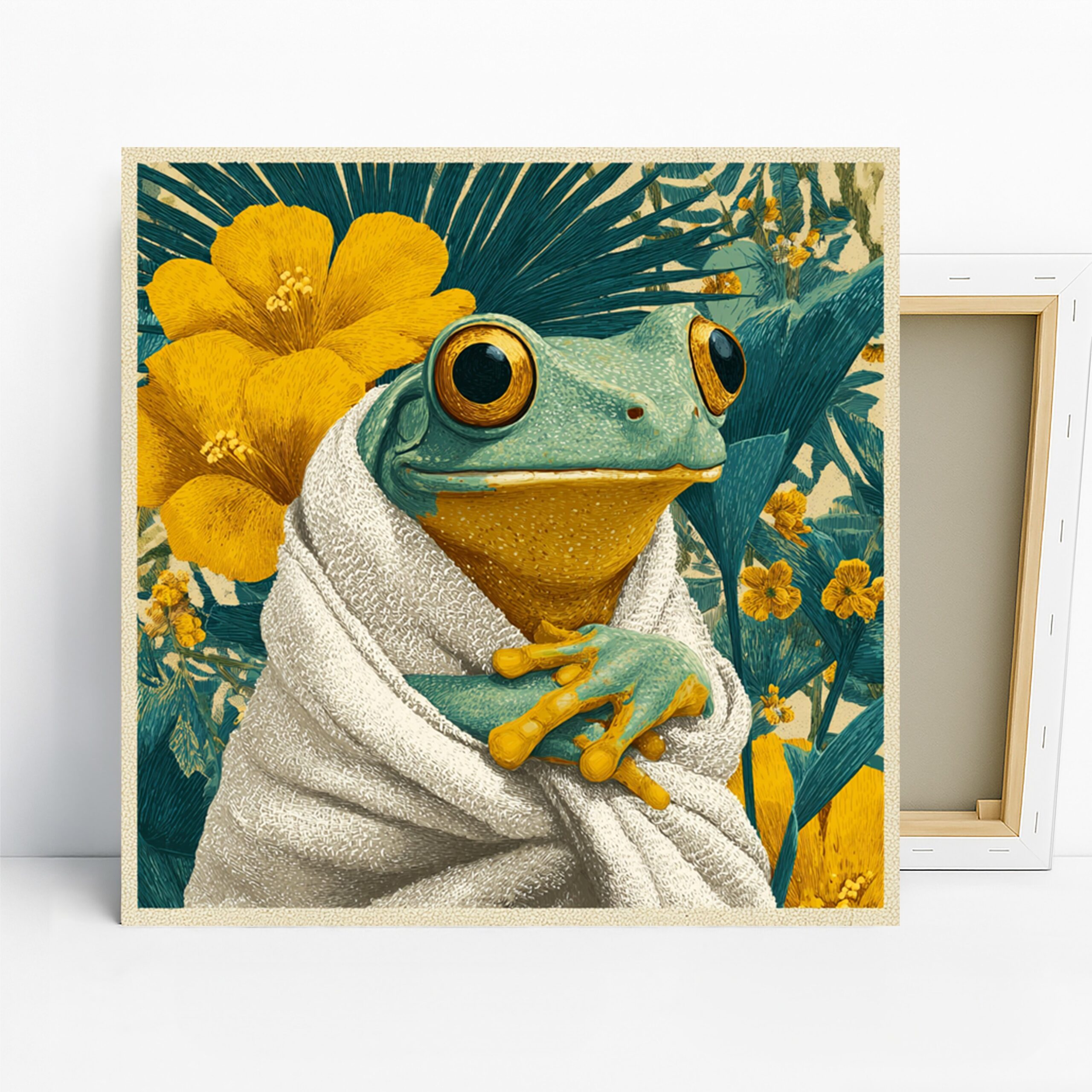 Frog Art, Canvas or Poster, Whimsical Tropical Decor, Living Room Bathroom Bedroom Office Wall Art, Yellow Teal White Green
