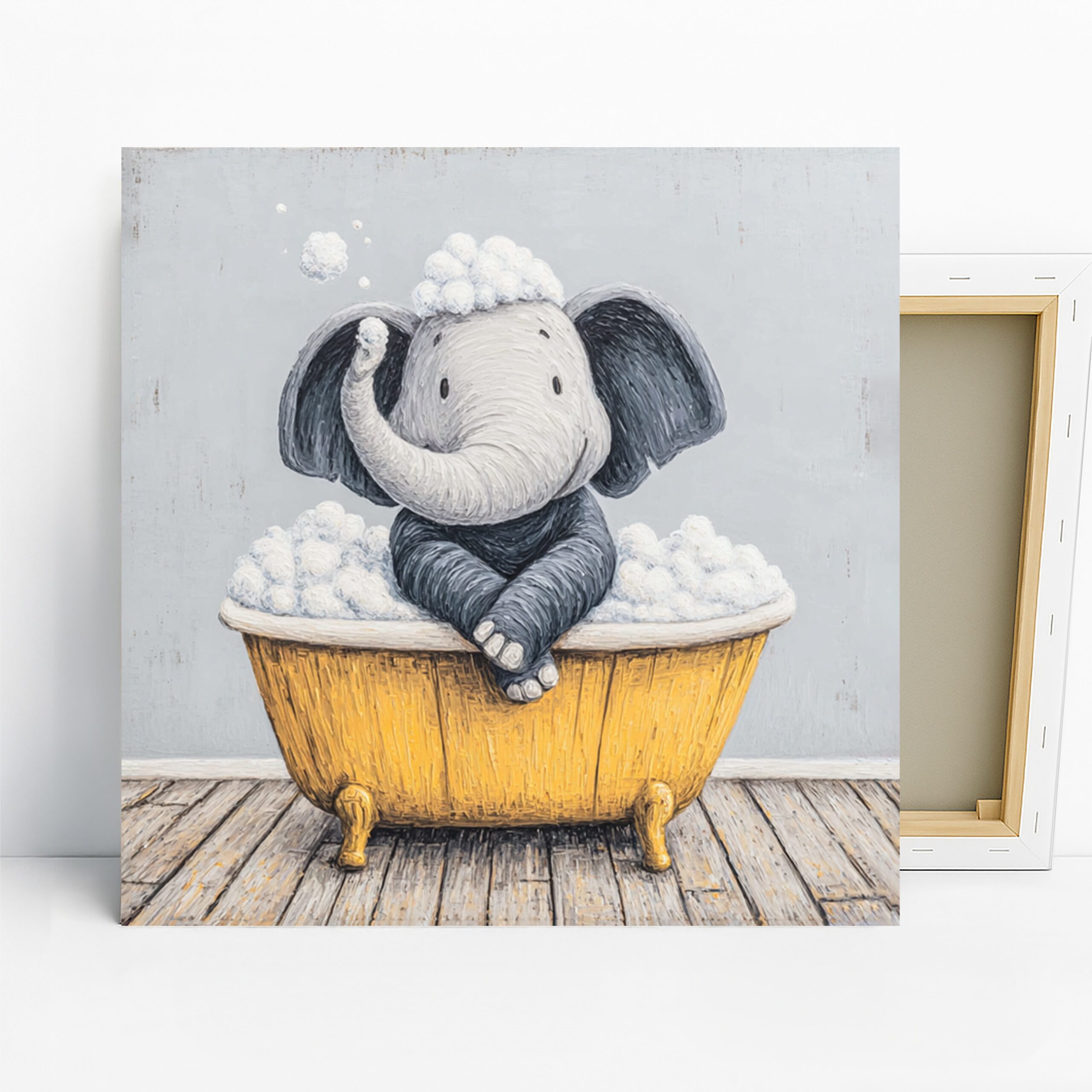 Elephant Bubble Bath Art, Canvas or Poster, Whimsical Contemporary Decor, Bathroom Nursery Bedroom Wall Art, Grey Yellow White, Kids Room