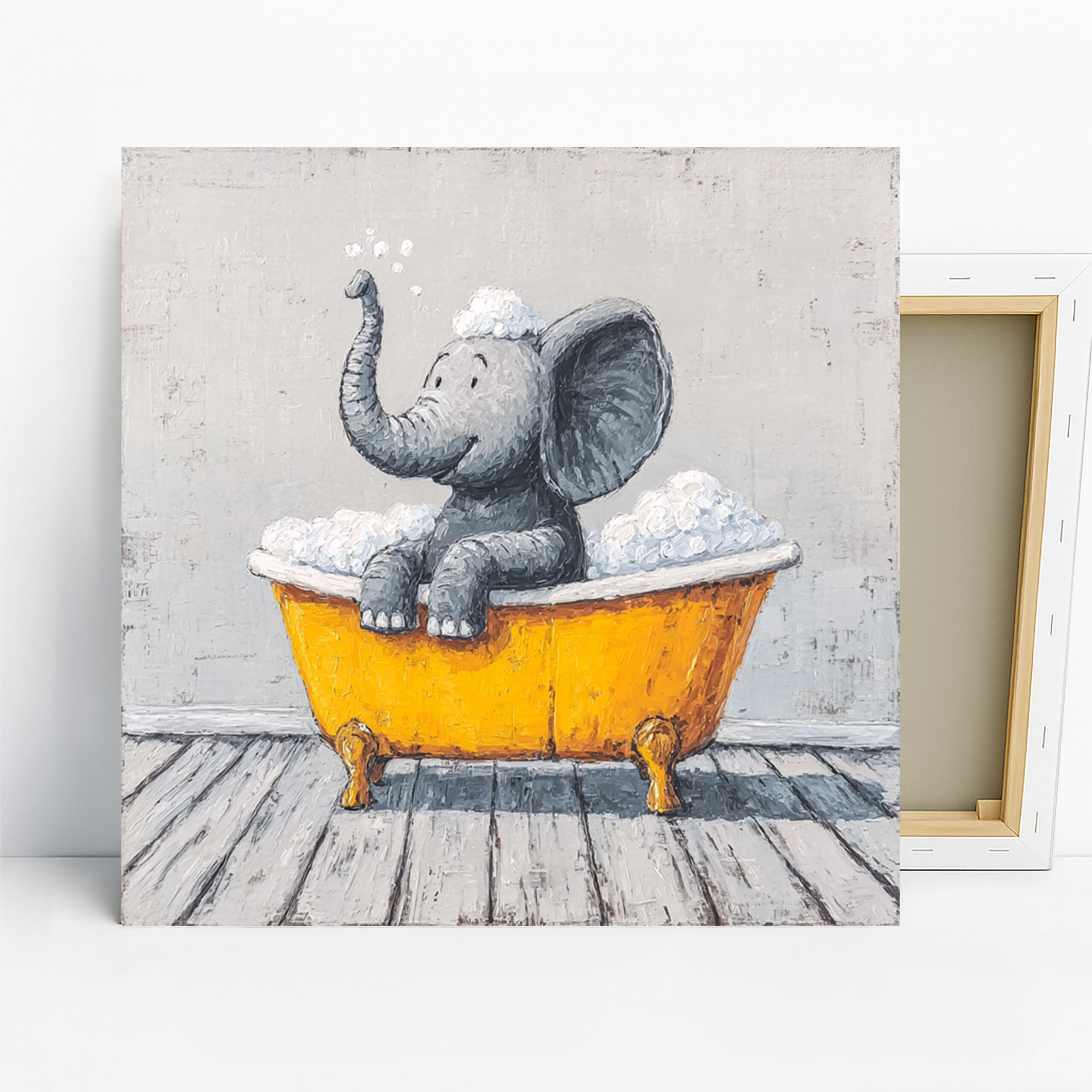 Elephant Art, Canvas or Poster, Whimsical Contemporary Decor, Bathroom Children's Room Nursery Wall Art, Grey Yellow White, Fun Bath Decor