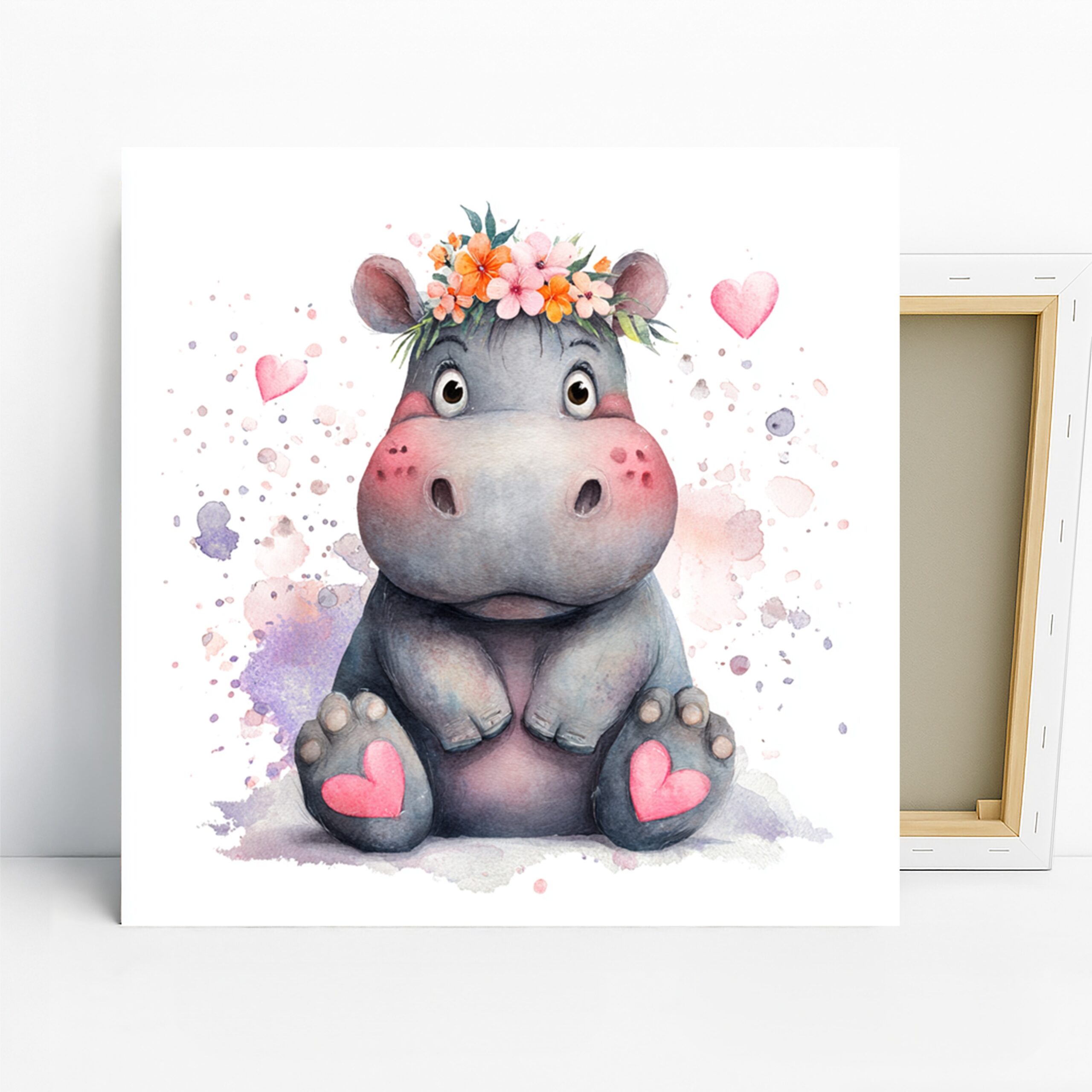 Hippo Art, Canvas or Poster, Whimsical Bohemian Decor, Nursery Children’s Room Bedroom Living Room Wall Art, Grey Pink Orange Green