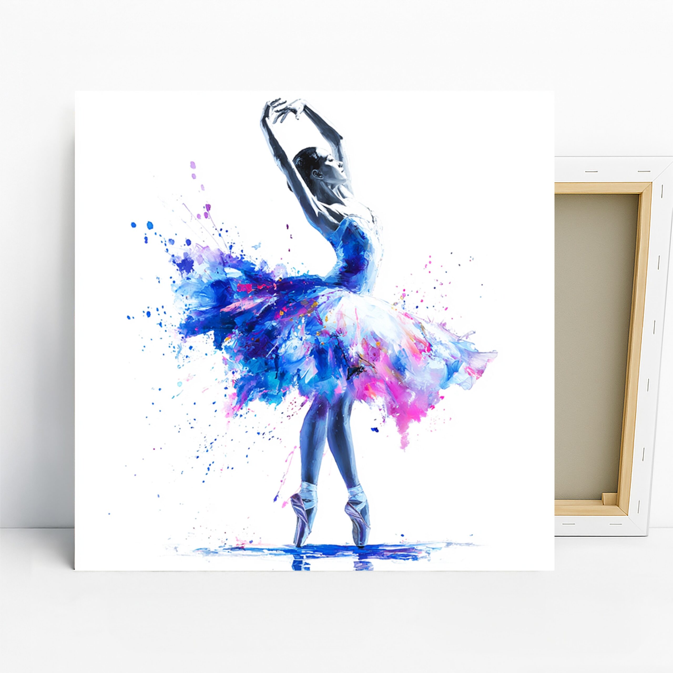 Ballerina Splash Art, Canvas or Poster, Contemporary Whimsical Decor, Living Room Bedroom Dance Studio Wall Art, Blue Pink Purple and White