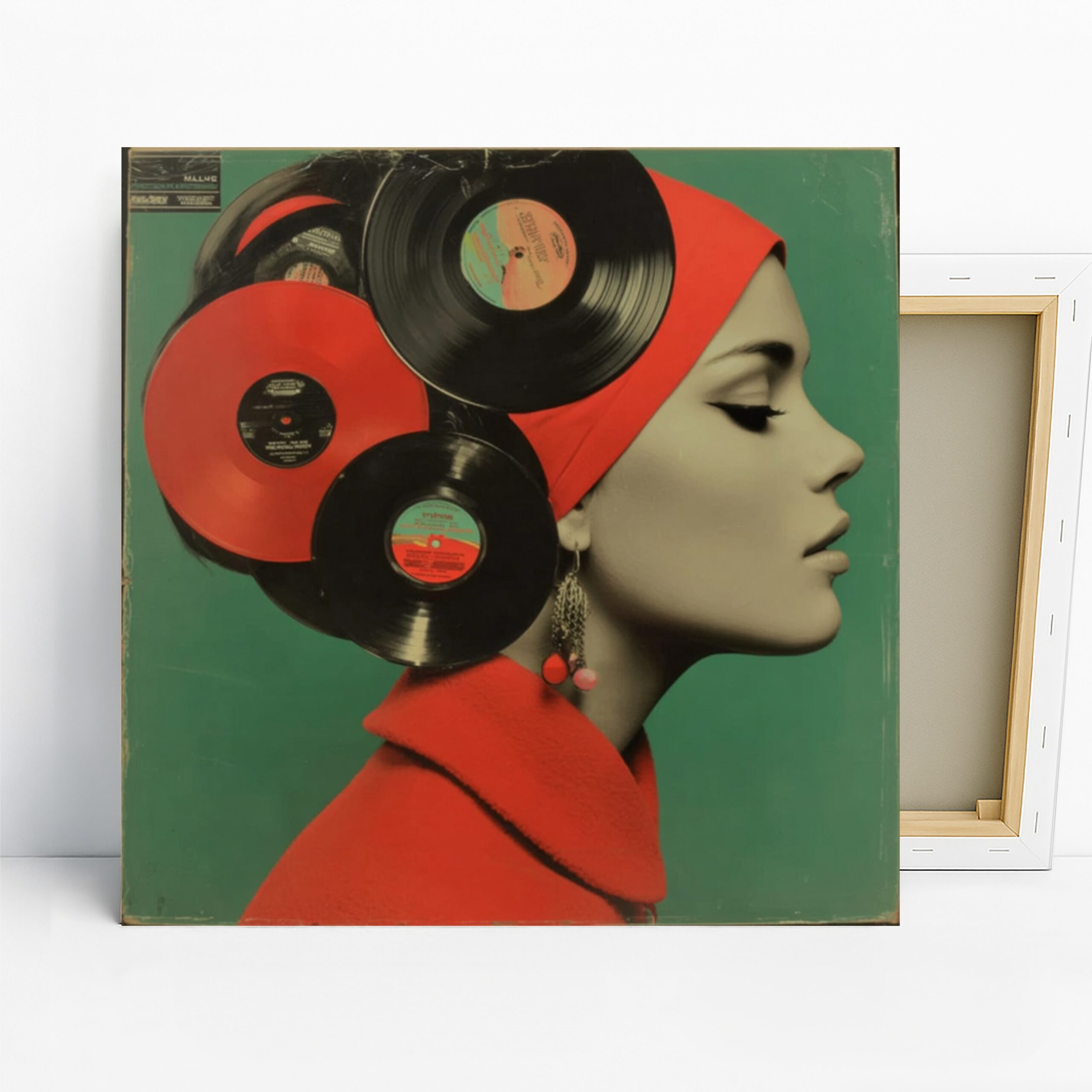 Vinyl Record Portrait Art, Canvas or Poster, Pop Retro Music Decor, Living Room Bedroom Home Office Wall Art, Red Black Green and White
