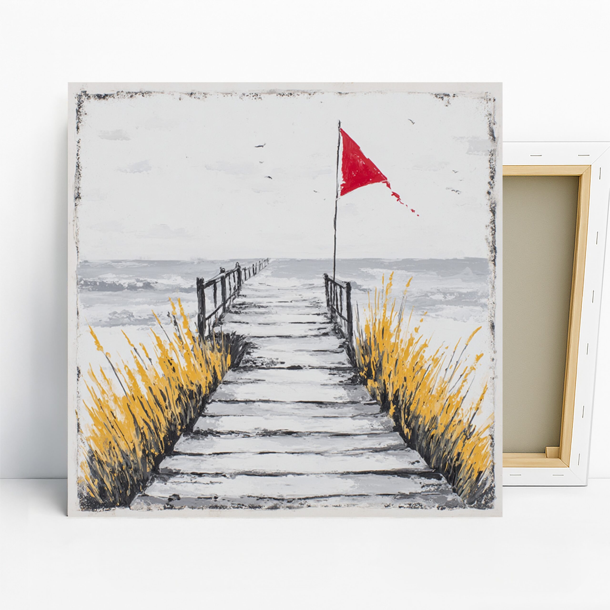 Seaside Boardwalk Art, Canvas or Poster, Contemporary Minimalist Decor, Bedroom Living Room Bathroom Office Wall Art, Red Yellow Grey White