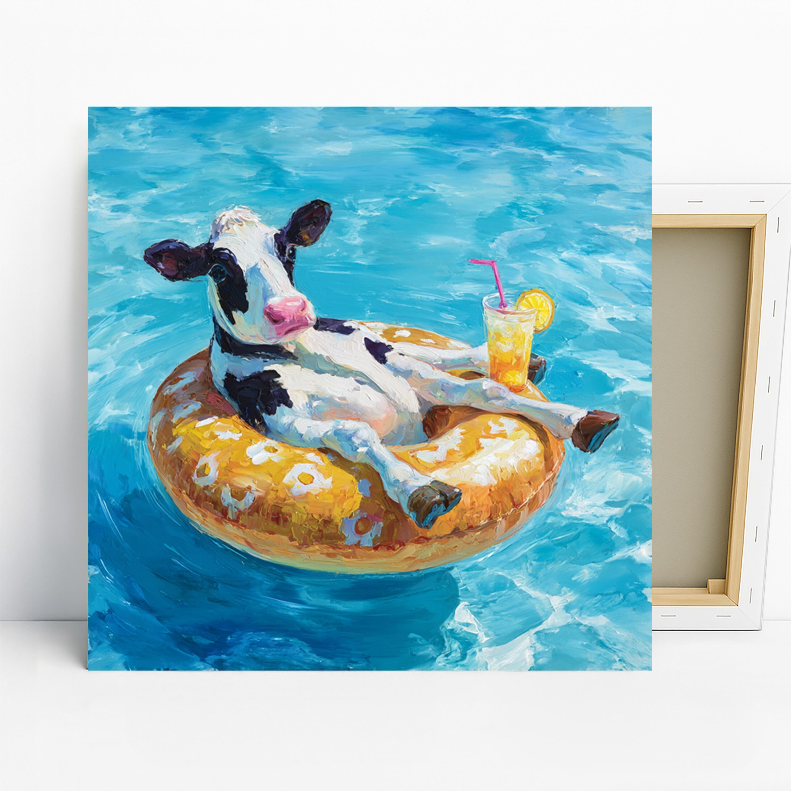 Cow Pool Float Art, Canvas or Poster, Whimsical Coastal Decor, Bathroom Kitchen Living Room Bedroom Wall Art, Blue Yellow White and Black