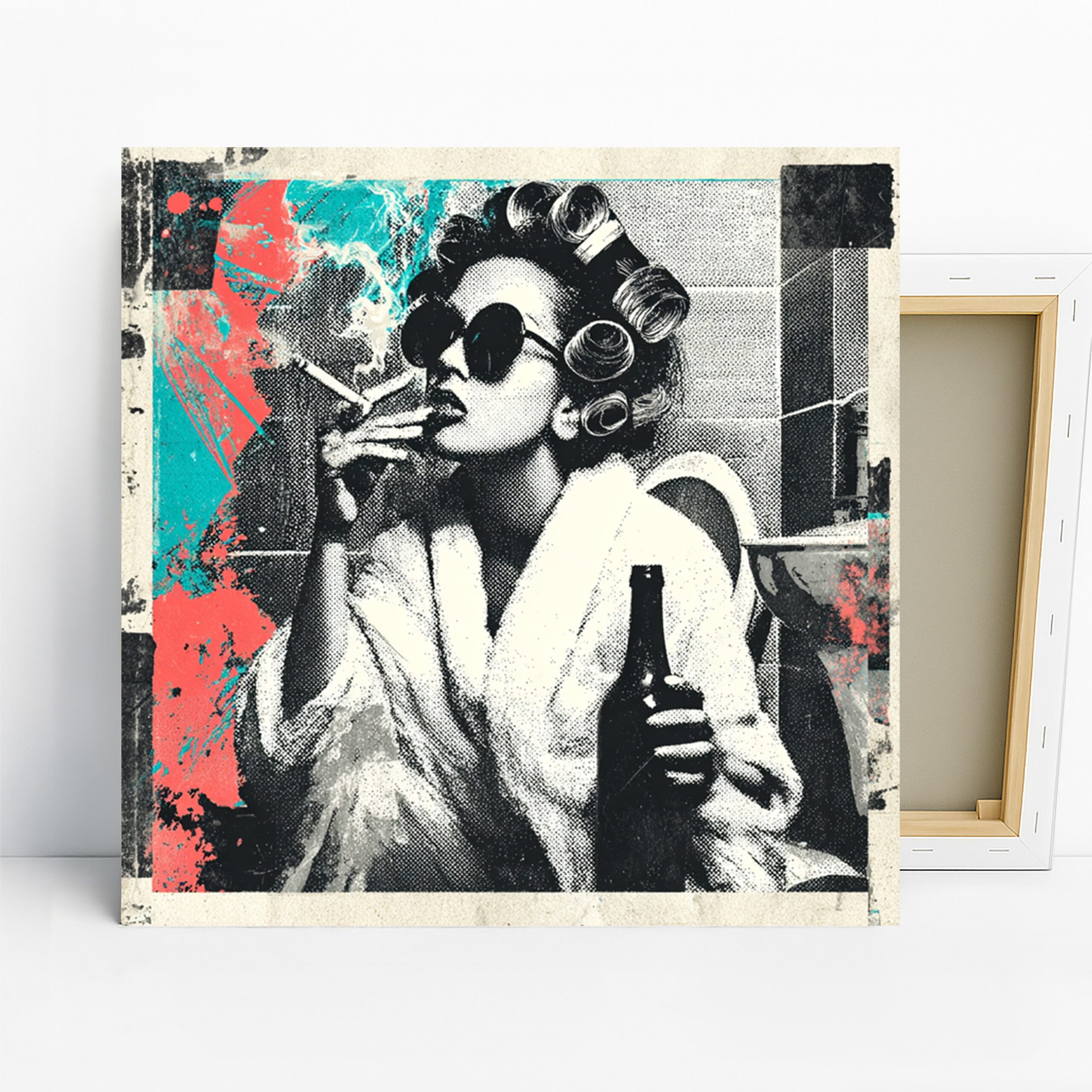 Glamorous Smoker Art, Canvas or Poster, Pop Art Modern Decor, Bedroom Living Room Bathroom Wall Art, Black White Teal Red Retro Design