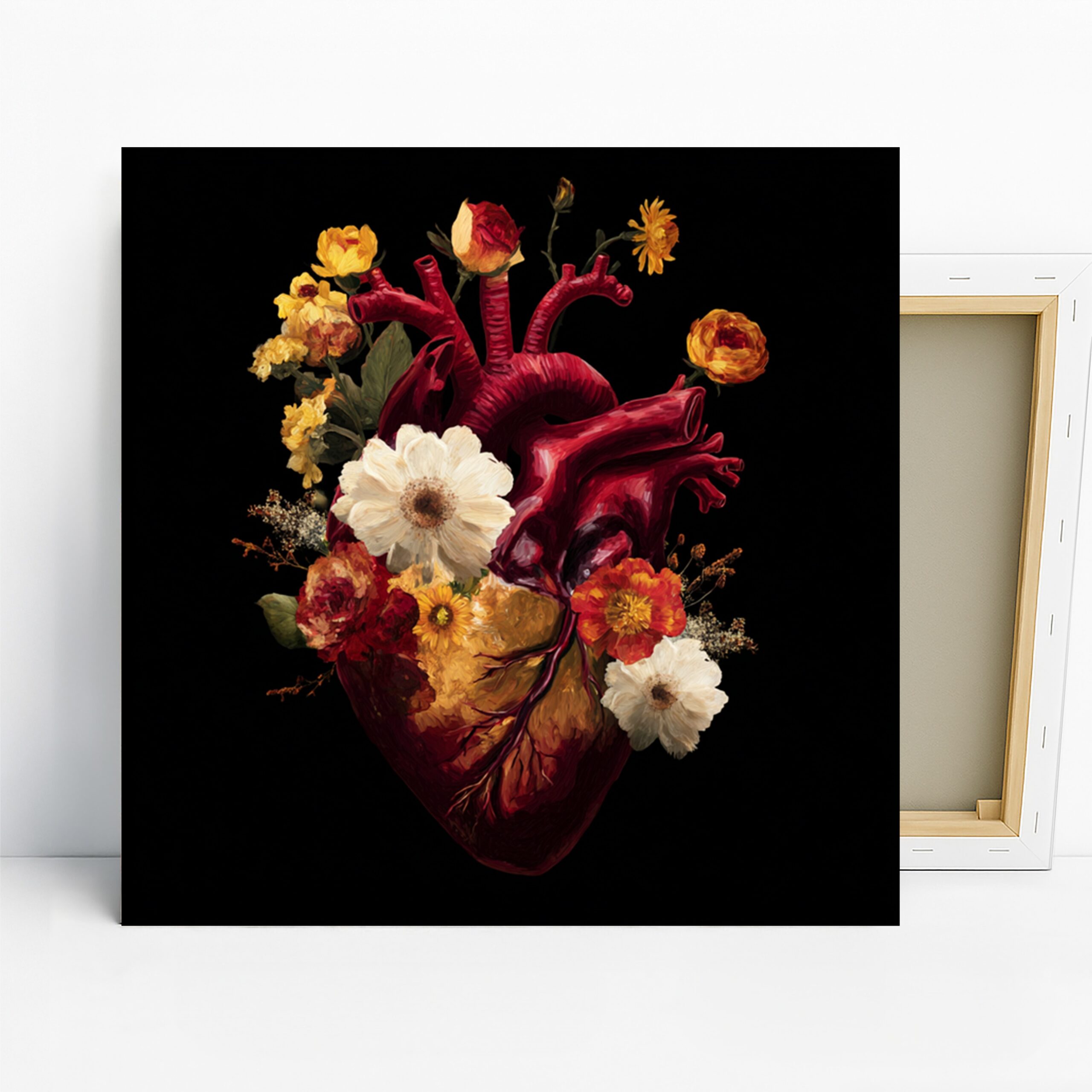 Blooming Heart Anatomy Art, Canvas or Poster, Surrealism Modern Decor, Living Room Bedroom Dining Room Wall Art, Red Yellow White Green