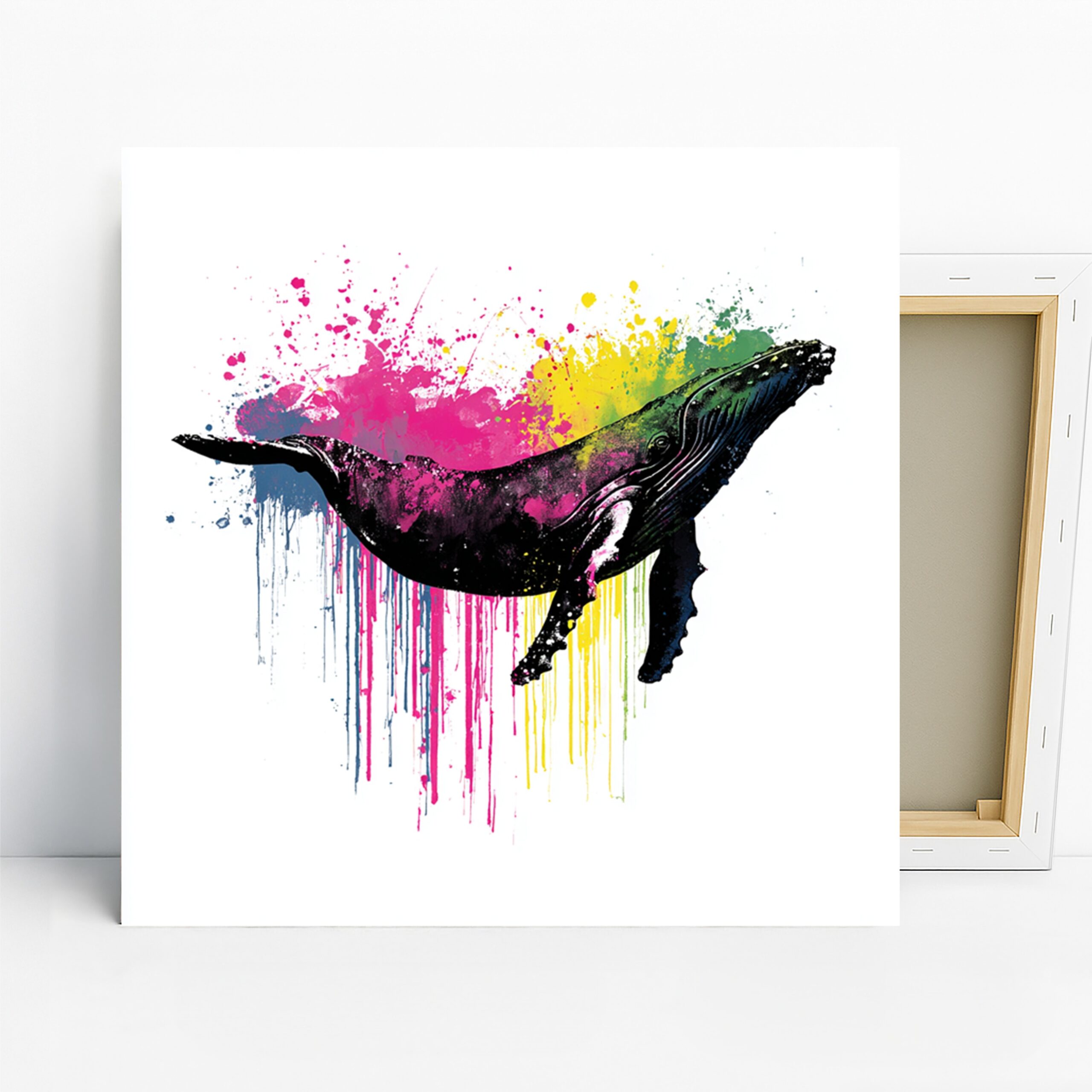 Whale Splash Art, Canvas or Poster, Abstract Contemporary Decor, Living Room Bedroom Office Children Room Wall Art, Pink Yellow Green Black
