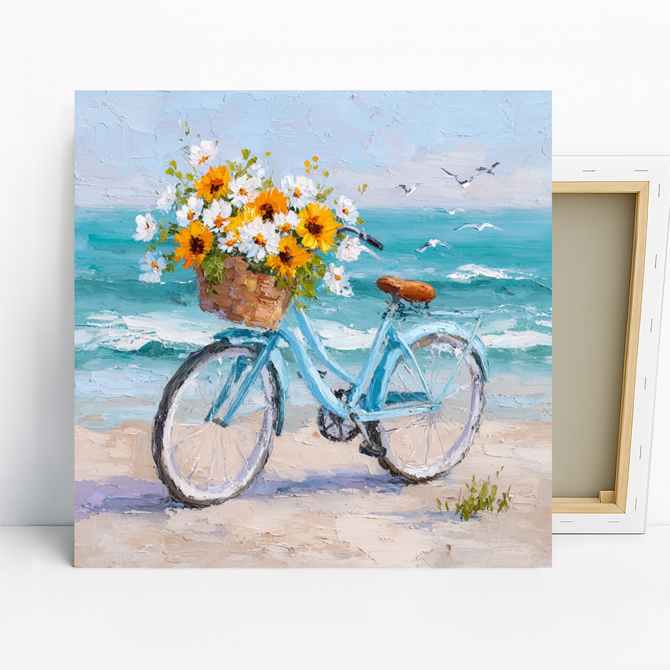 Seagull Art, Canvas or Poster, Impressionism Coastal Decor, Living Room Bedroom Sunroom Wall Art, Blue Yellow Green and White