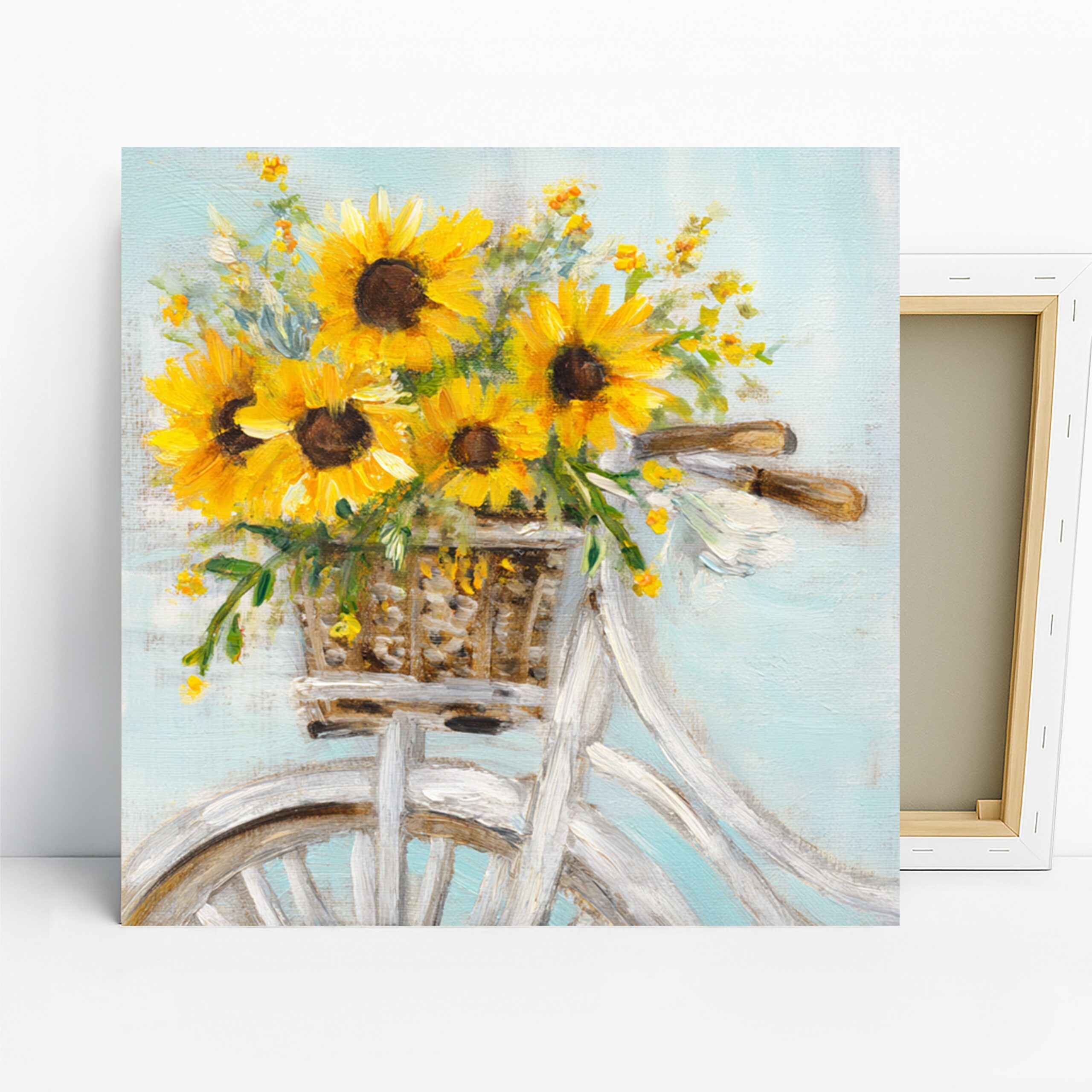 Sunflower Bicycle Art, Canvas or Poster, Vintage Floral Farmhouse Decor, Living Room Bedroom Dining Room Wall Art, Yellow Green White