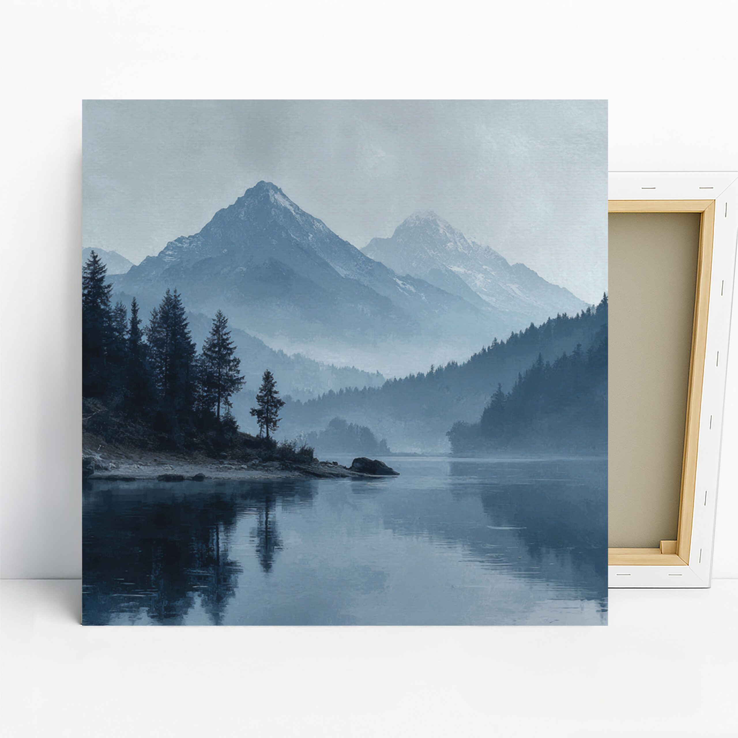 Misty Mountain Lake Art, Canvas or Poster, Nature Minimalism Decor, Living Room Bedroom Office Bathroom Wall Art, Blue Green White Grey