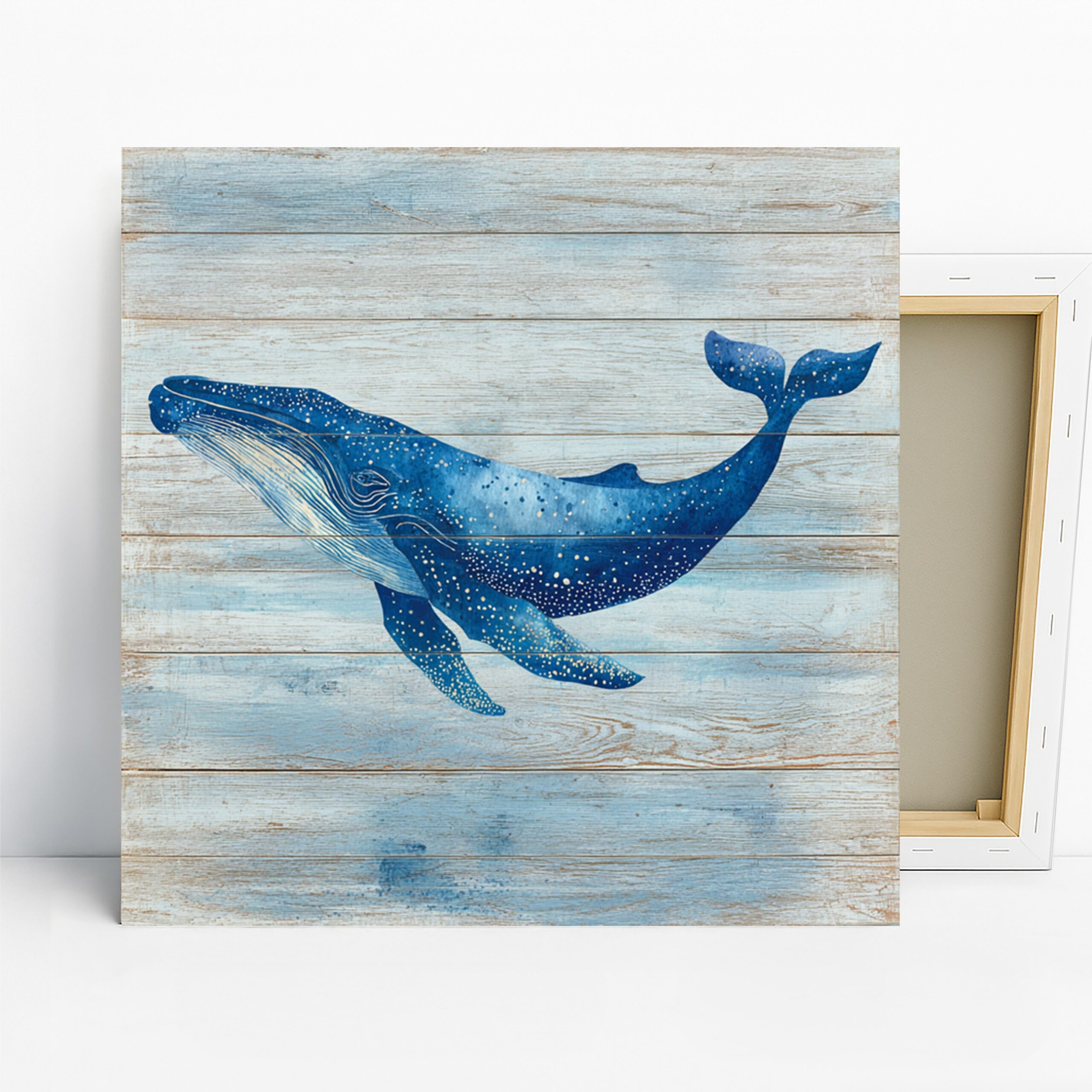 Whale Art, Canvas or Poster, Nature Coastal Decor, Bathroom Bedroom Living Room Office Wall Art, Blue White Gold, Marine Life Art