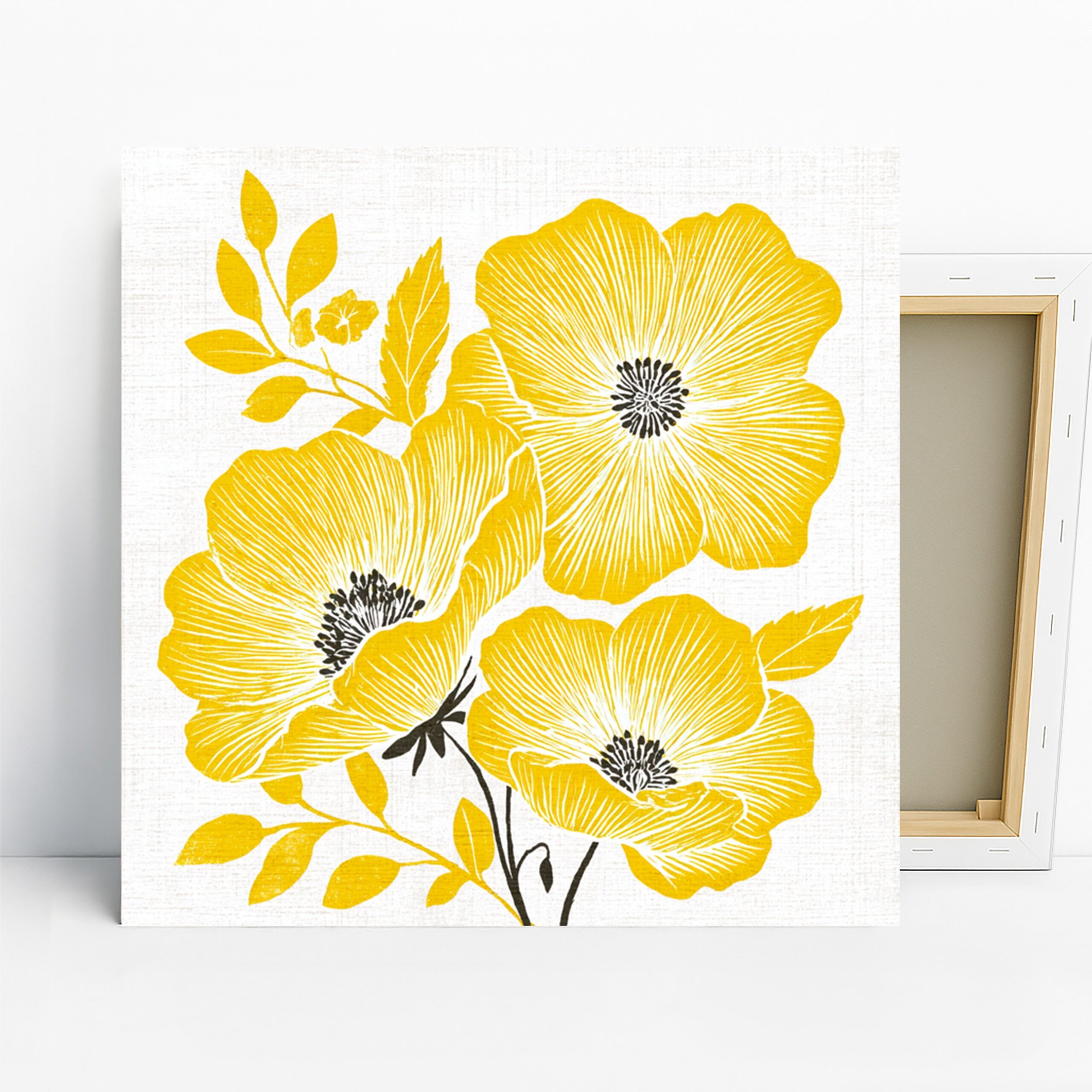 Yellow Poppy Art, Canvas or Poster, Floral Contemporary Decor, Living Room Bedroom Office Dining Room Wall Art, Yellow White Black