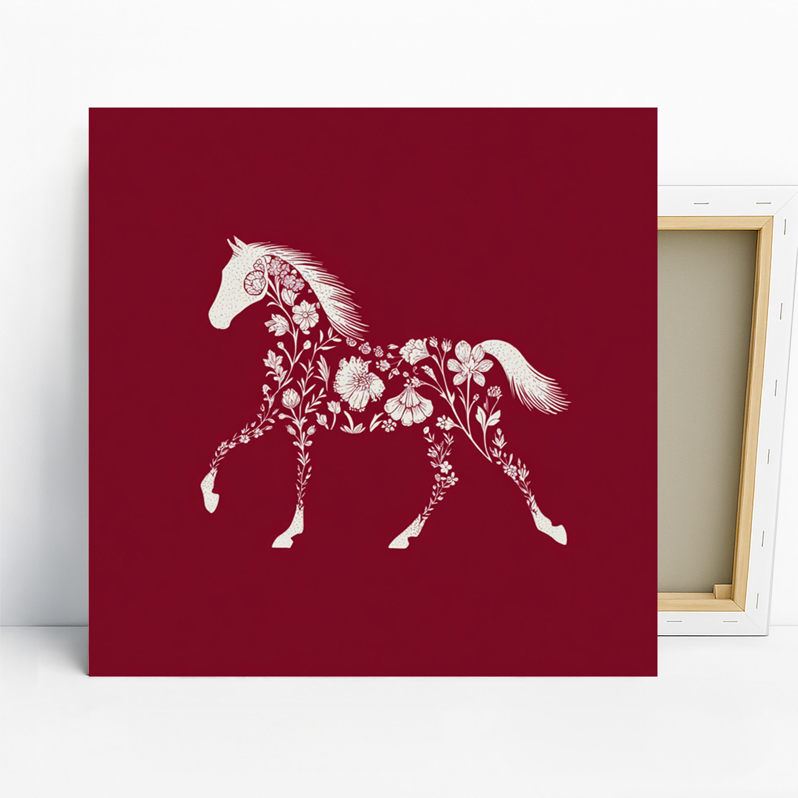 Floral Horse Art, Canvas or Poster, Contemporary Bohemian Decor, Living Room Bedroom Office Nursery Wall Art, Red White Maroon Colors