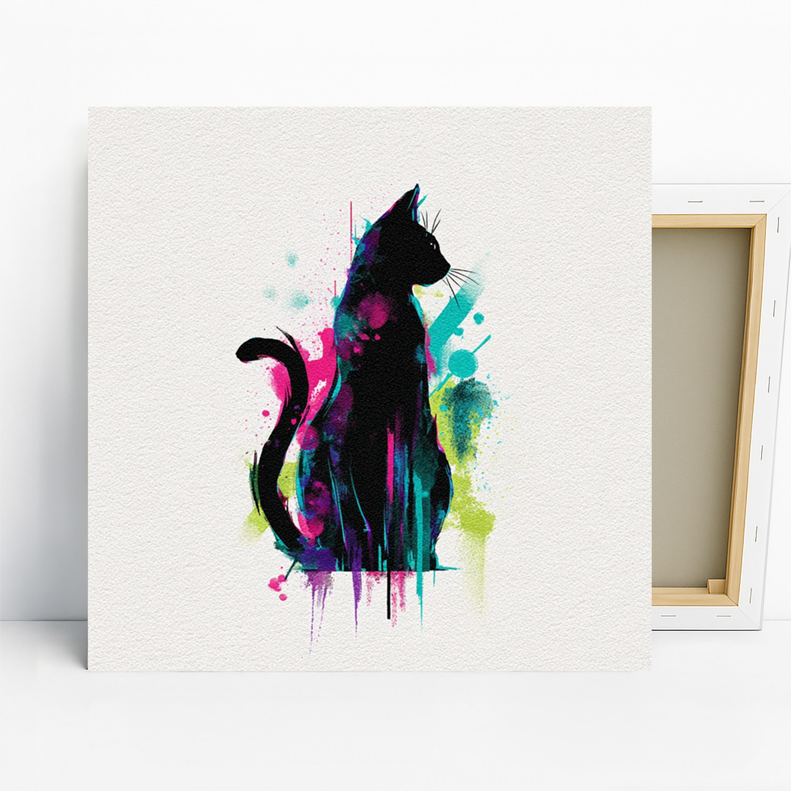 Colorful Cat Art, Canvas or Poster, Contemporary Minimalist Decor, Living Room Bedroom Office Children Room Wall Art, Black Pink Teal Yellow