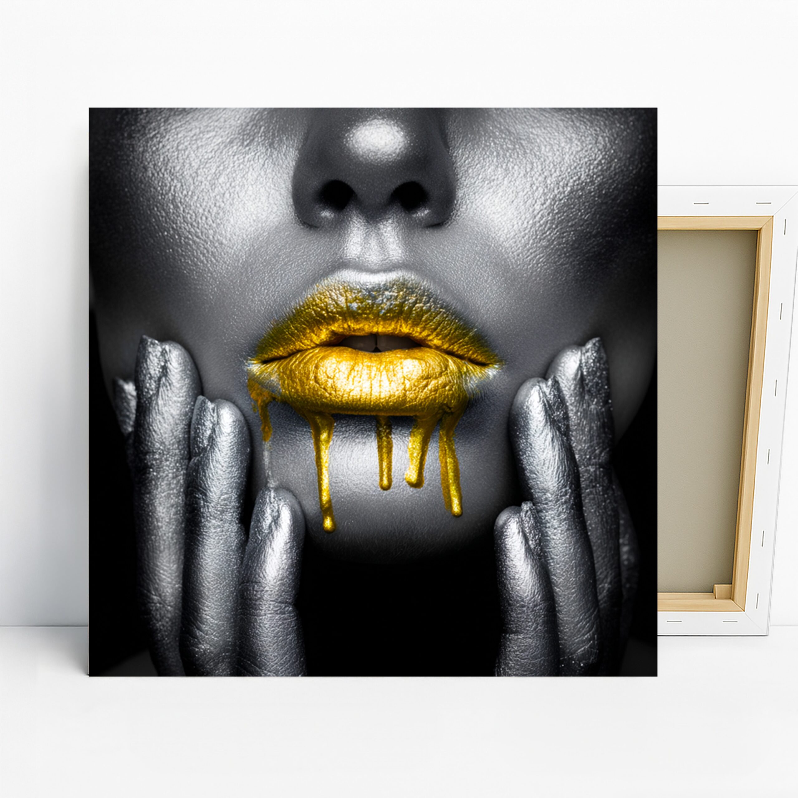 Golden Lips Art, Canvas or Poster, Contemporary Pop Glam Decor, Bedroom Living Room Bathroom Wall Art, Gold Black White Silver