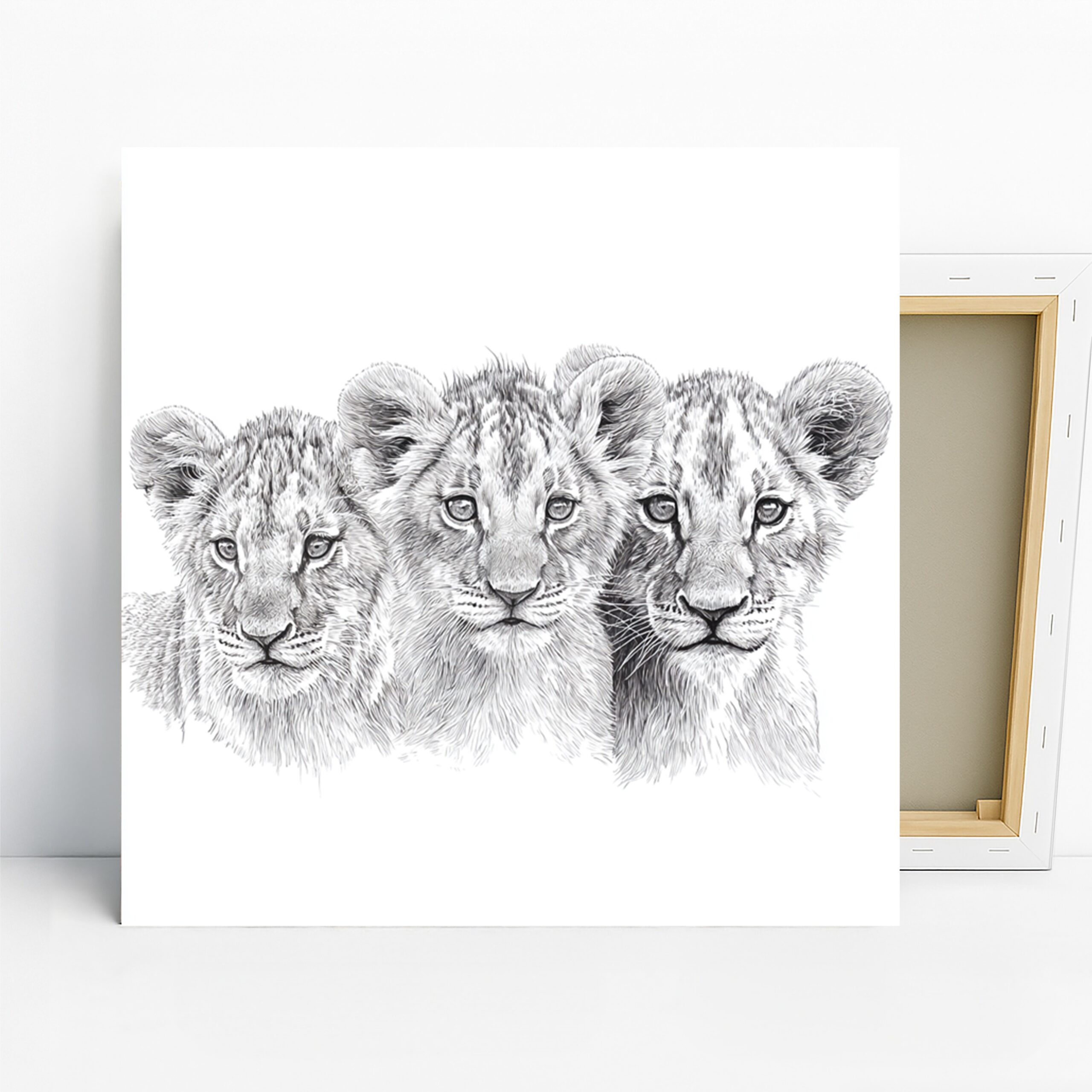 Lion Cubs Art, Canvas or Poster, Contemporary Minimalist Decor, Living Room Office Bedroom Nursery Wall Art, Black White Grey Detail