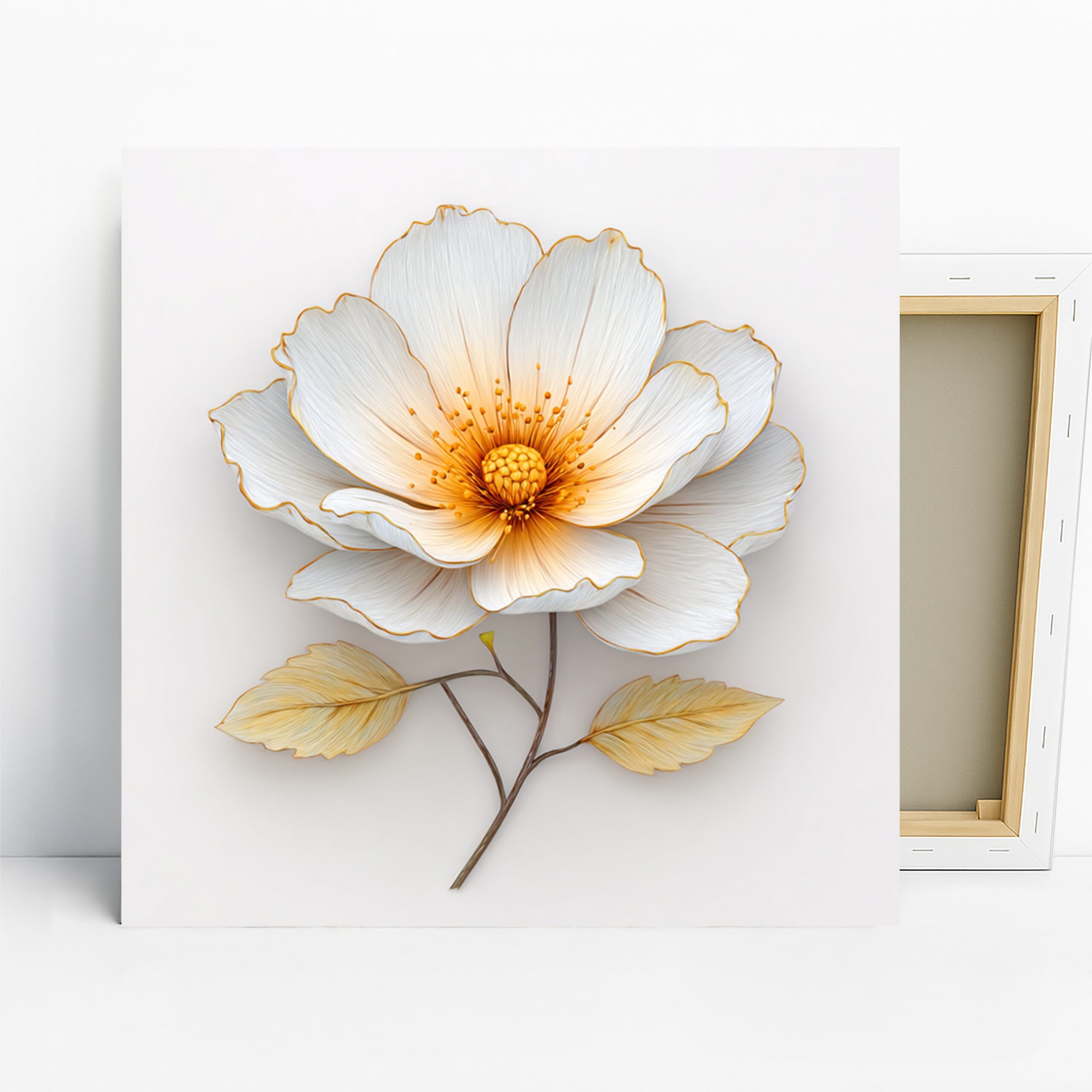 Elegant White Flower Art, Canvas or Poster, Contemporary Minimalist Decor, Living Room Office Bedroom Wall Art, White Yellow Gold Green